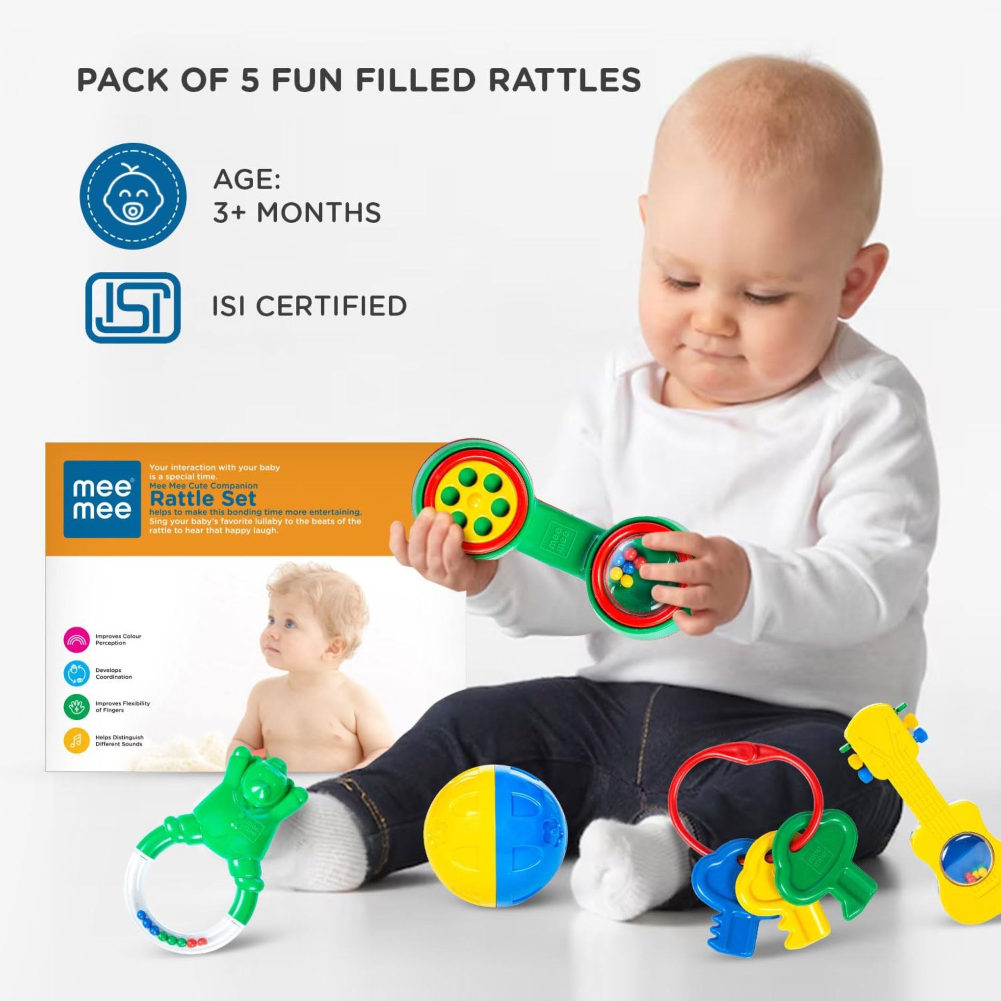 Mee Mee BPA Free Baby Rattles Set, Rattle Gift Set, Made of Food Grade Plastic, Grab Rattles and Soothing Teethers for Babies & Infants, Early Age Toys for Kids, Girls & Boys (Pack of 5, Multicolor, color as per availebility )