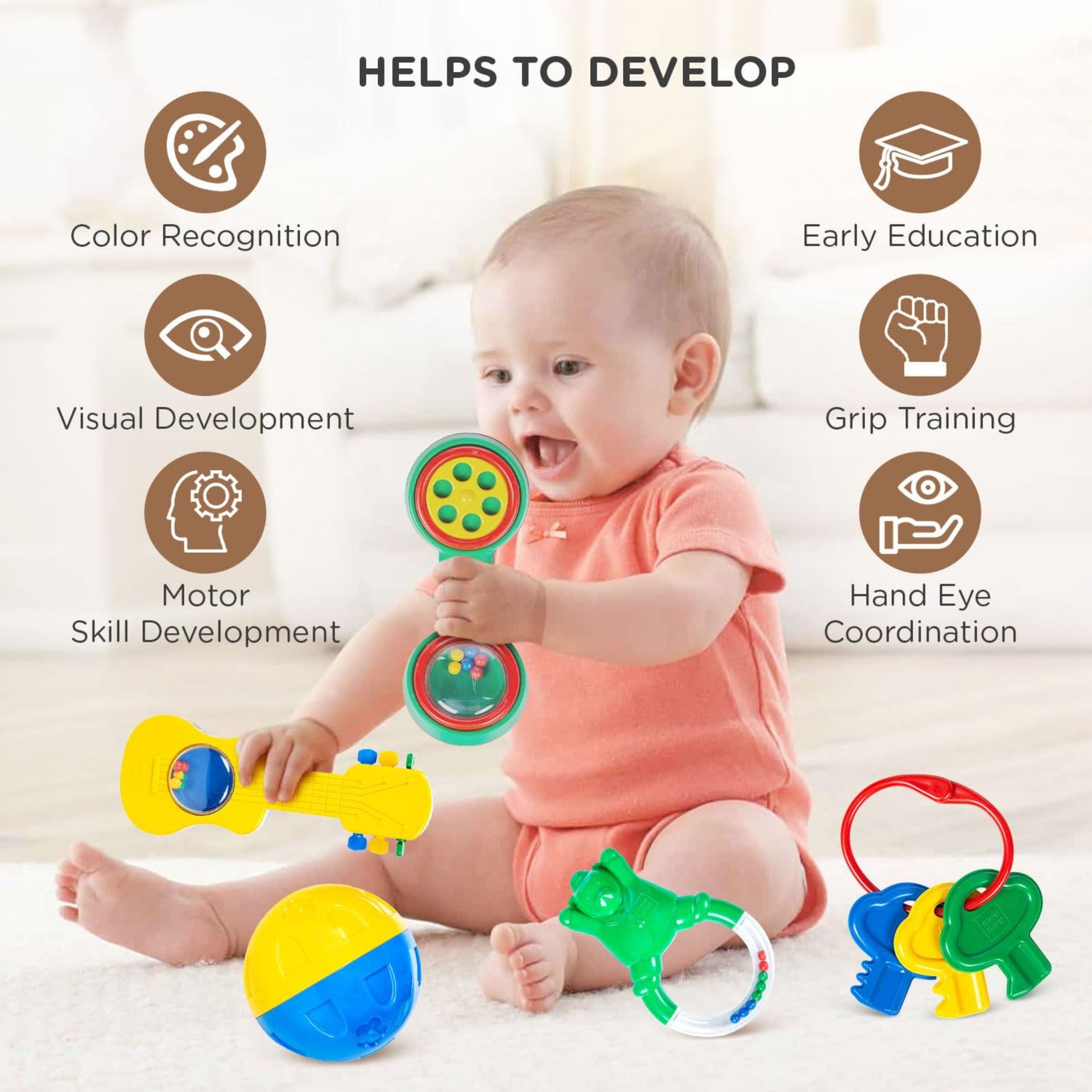 Mee Mee BPA Free Baby Rattles Set, Rattle Gift Set, Made of Food Grade Plastic, Grab Rattles and Soothing Teethers for Babies & Infants, Early Age Toys for Kids, Girls & Boys (Pack of 5, Multicolor, color as per availebility )