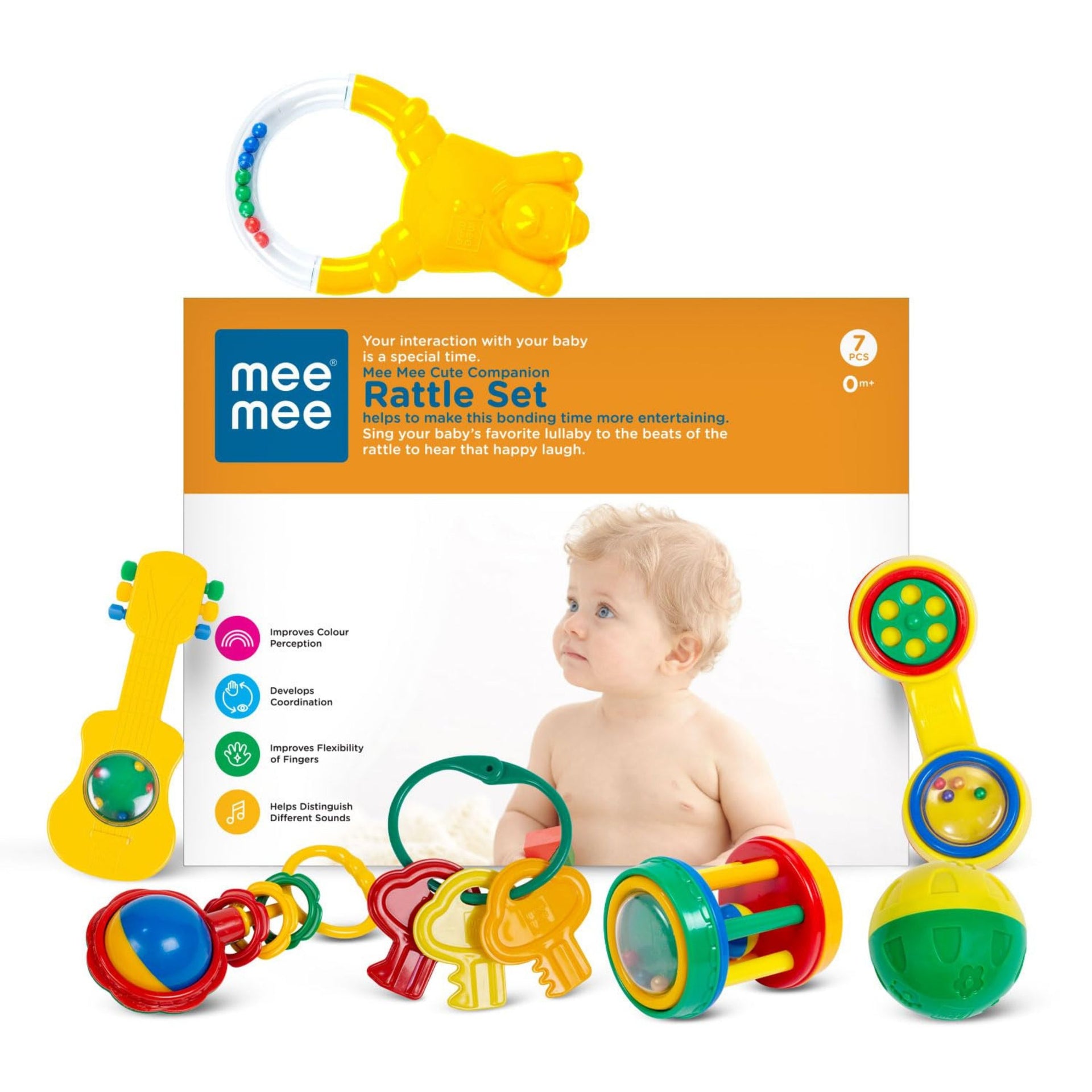 Mee Mee BPA Free Baby Rattles Set, Rattle Gift Set, Made of Food Grade Plastic, Grab Rattles and Soothing Teethers for Babies & Infants, Early Age Toys for Kids (Pack of 7, color as per availebility )