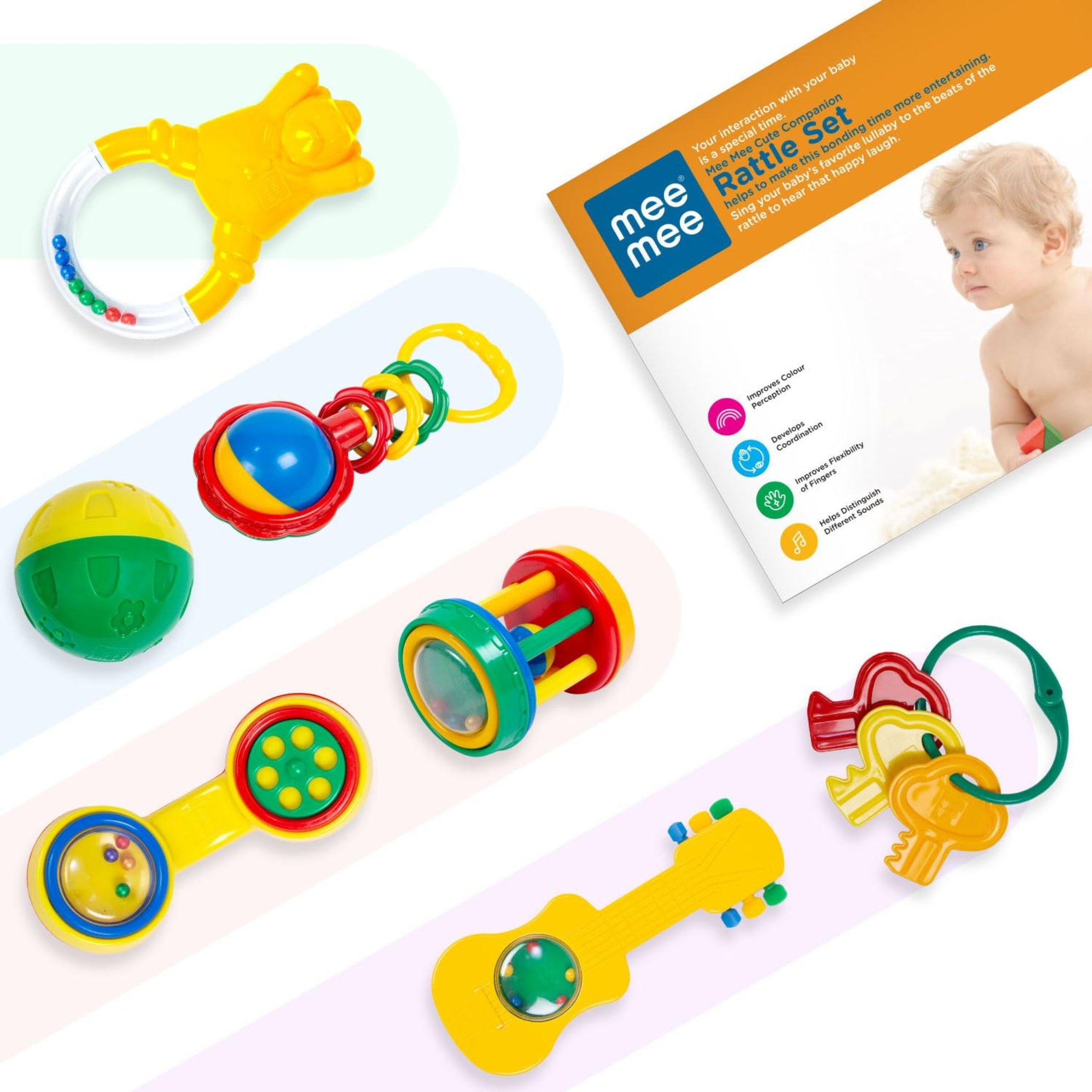 Mee Mee BPA Free Baby Rattles Set, Rattle Gift Set, Made of Food Grade Plastic, Grab Rattles and Soothing Teethers for Babies & Infants, Early Age Toys for Kids (Pack of 7, color as per availebility )