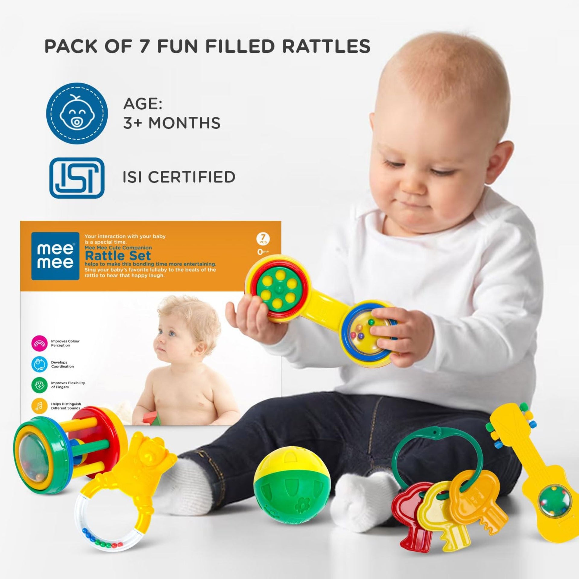 Mee Mee BPA Free Baby Rattles Set, Rattle Gift Set, Made of Food Grade Plastic, Grab Rattles and Soothing Teethers for Babies & Infants, Early Age Toys for Kids (Pack of 7, color as per availebility )