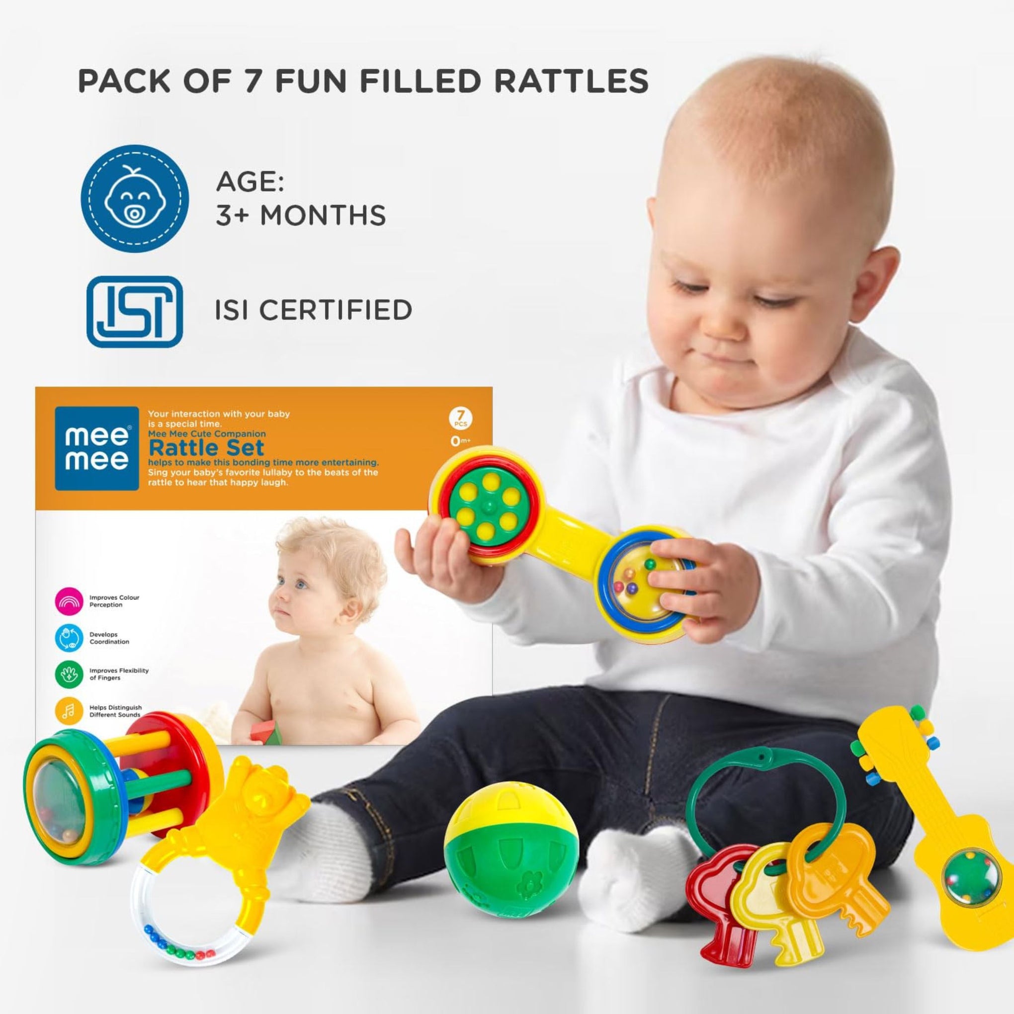 Mee Mee BPA Free Baby Rattles Set, Rattle Gift Set, Made of Food Grade Plastic, Grab Rattles and Soothing Teethers for Babies & Infants, Early Age Toys for Kids (Pack of 7, color as per availebility )