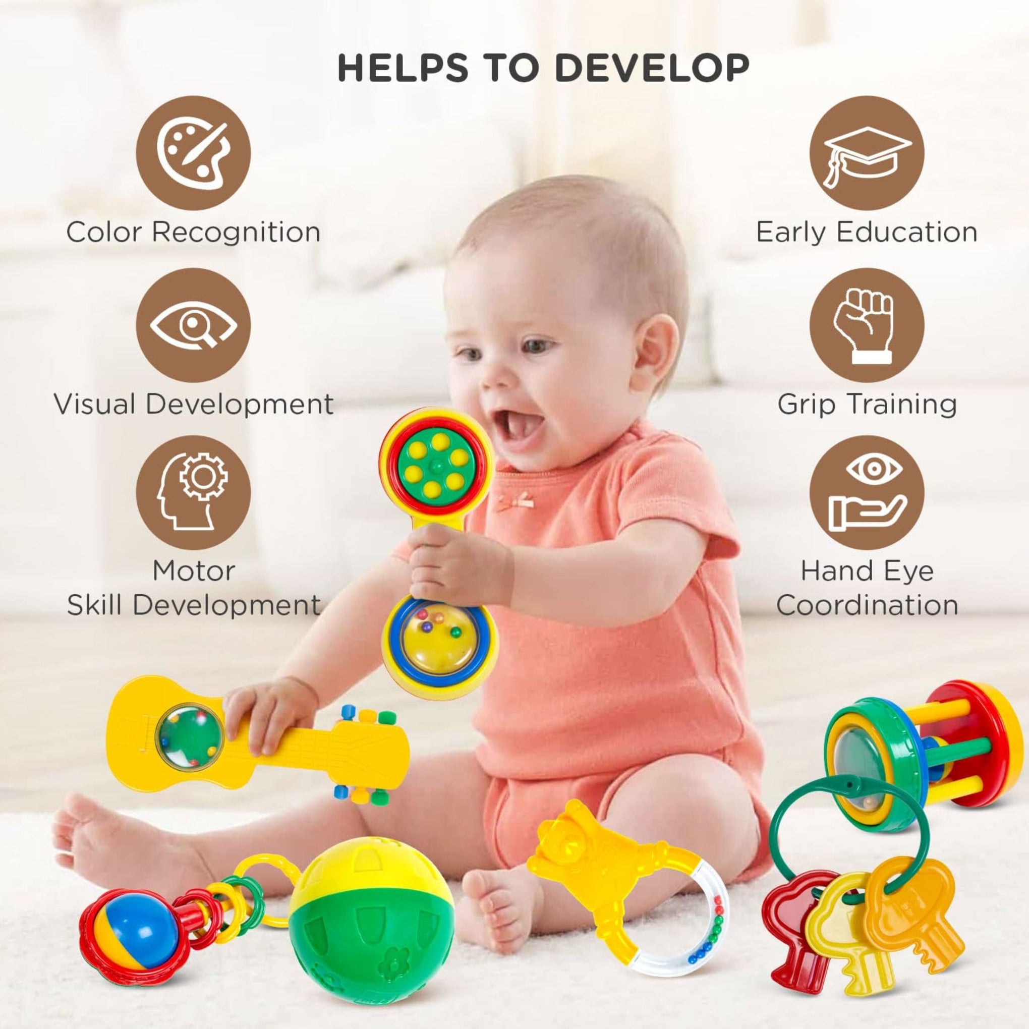 Mee Mee BPA Free Baby Rattles Set, Rattle Gift Set, Made of Food Grade Plastic, Grab Rattles and Soothing Teethers for Babies & Infants, Early Age Toys for Kids (Pack of 7, color as per availebility )