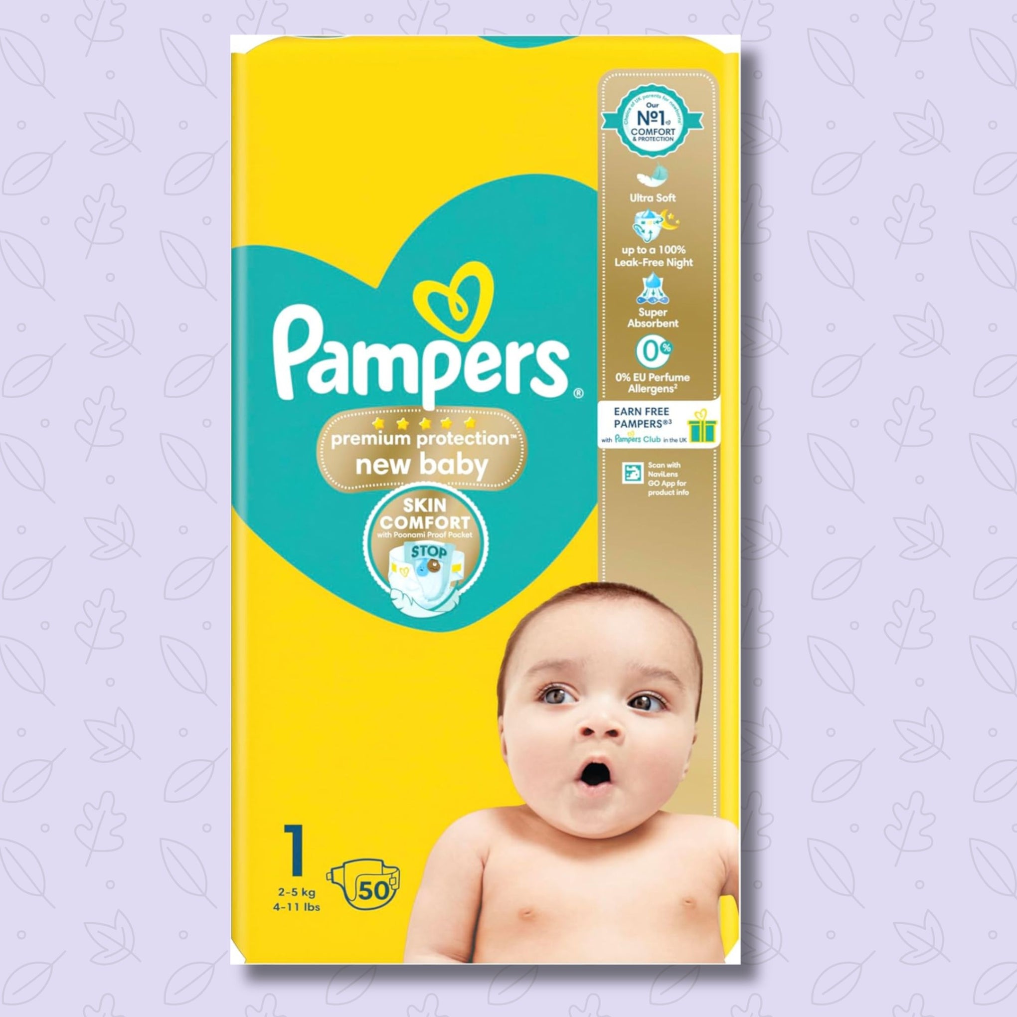 Pampers premium protector new baby | skin comfort for New Baby | ultra soft , up to a 100% leck - free night | Size 1, 50-Count