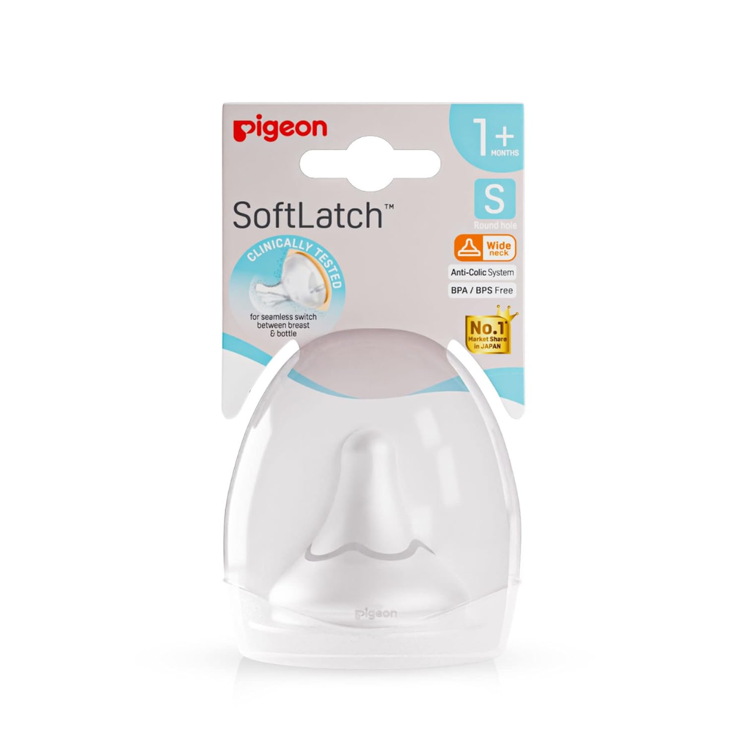 Pigeon Teat Perfect Anti-Colic Effect, Nipple for Wide Neck Feeding Bottles, Food Flow, for Babies 1m+, Softlatch Peristaltic Plus Nipple 1pc -S Case