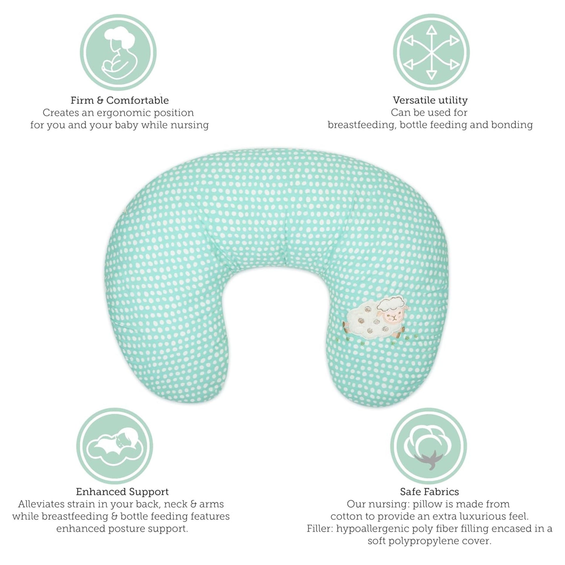 Smile Baby Nursing Pillow with Removable Cover – Soft Cotton U-Shaped Feeding Pillow for Baby Support & Comfort (Mint Green with White Circle Pattern)