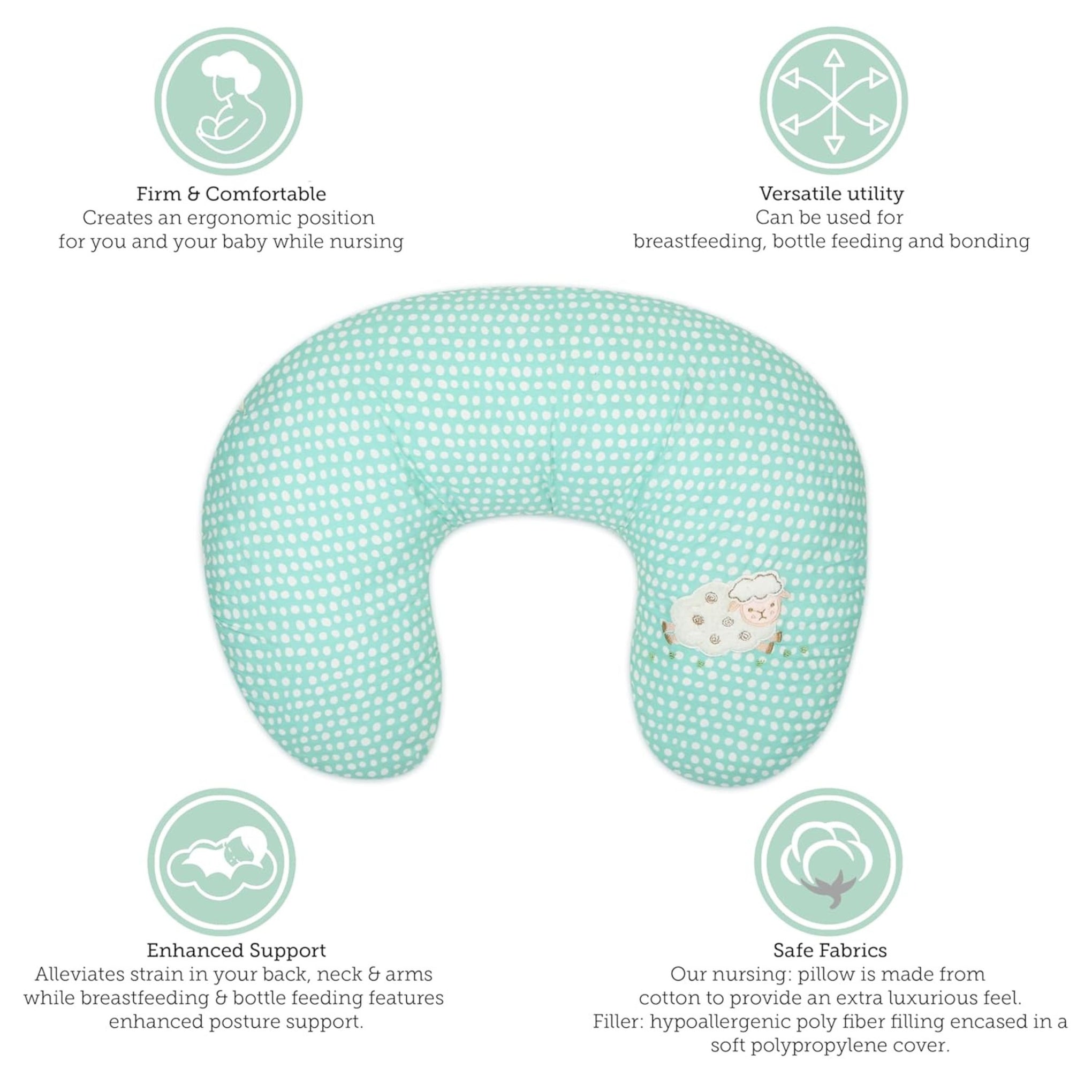 Smile Baby Nursing Pillow with Removable Cover – Soft Cotton U-Shaped Feeding Pillow for Baby Support & Comfort (Mint Green with White Circle Pattern)