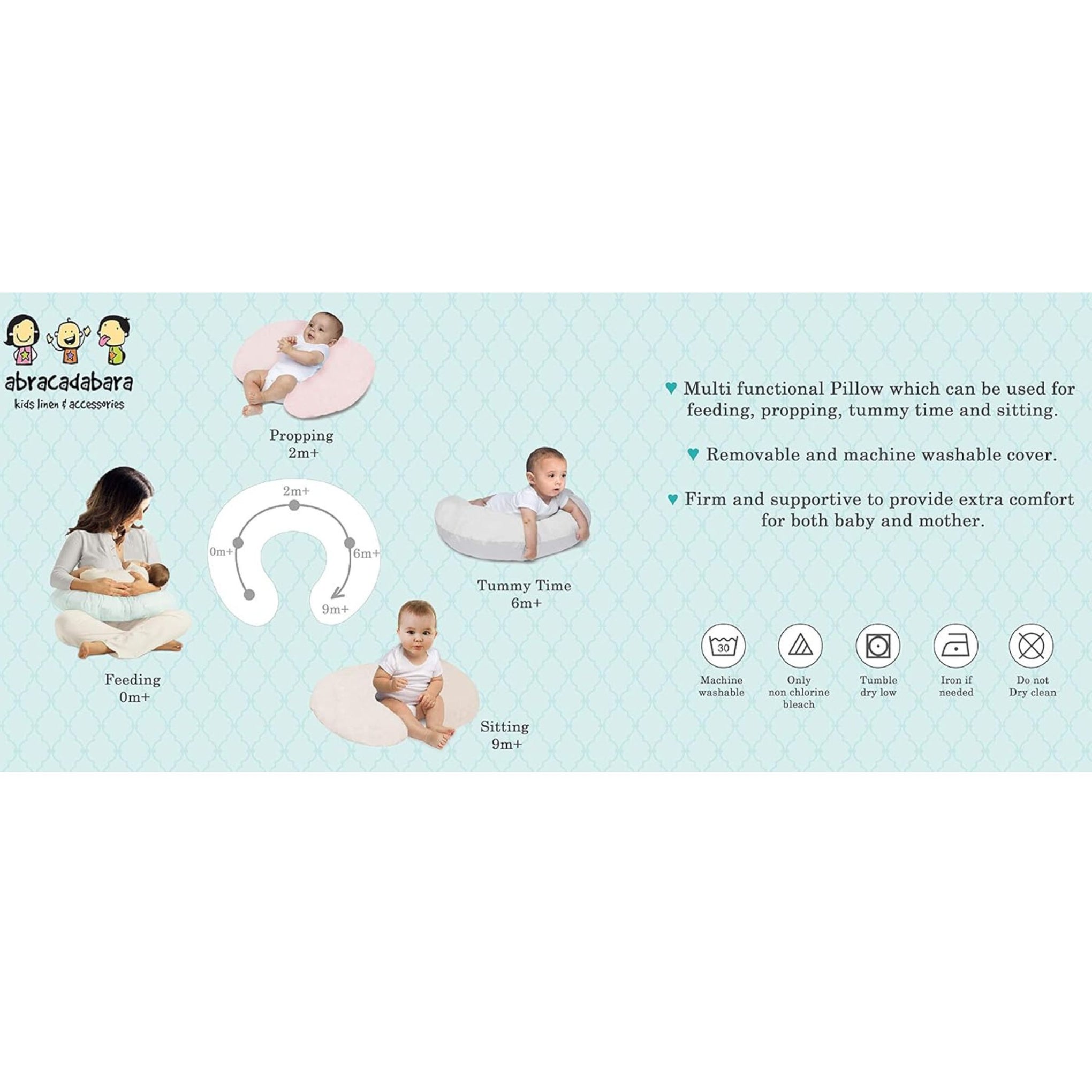 Smile Baby Nursing Pillow with Removable Cover – Soft Cotton U-Shaped Feeding Pillow for Baby Support & Comfort (Mint Green with White Circle Pattern)