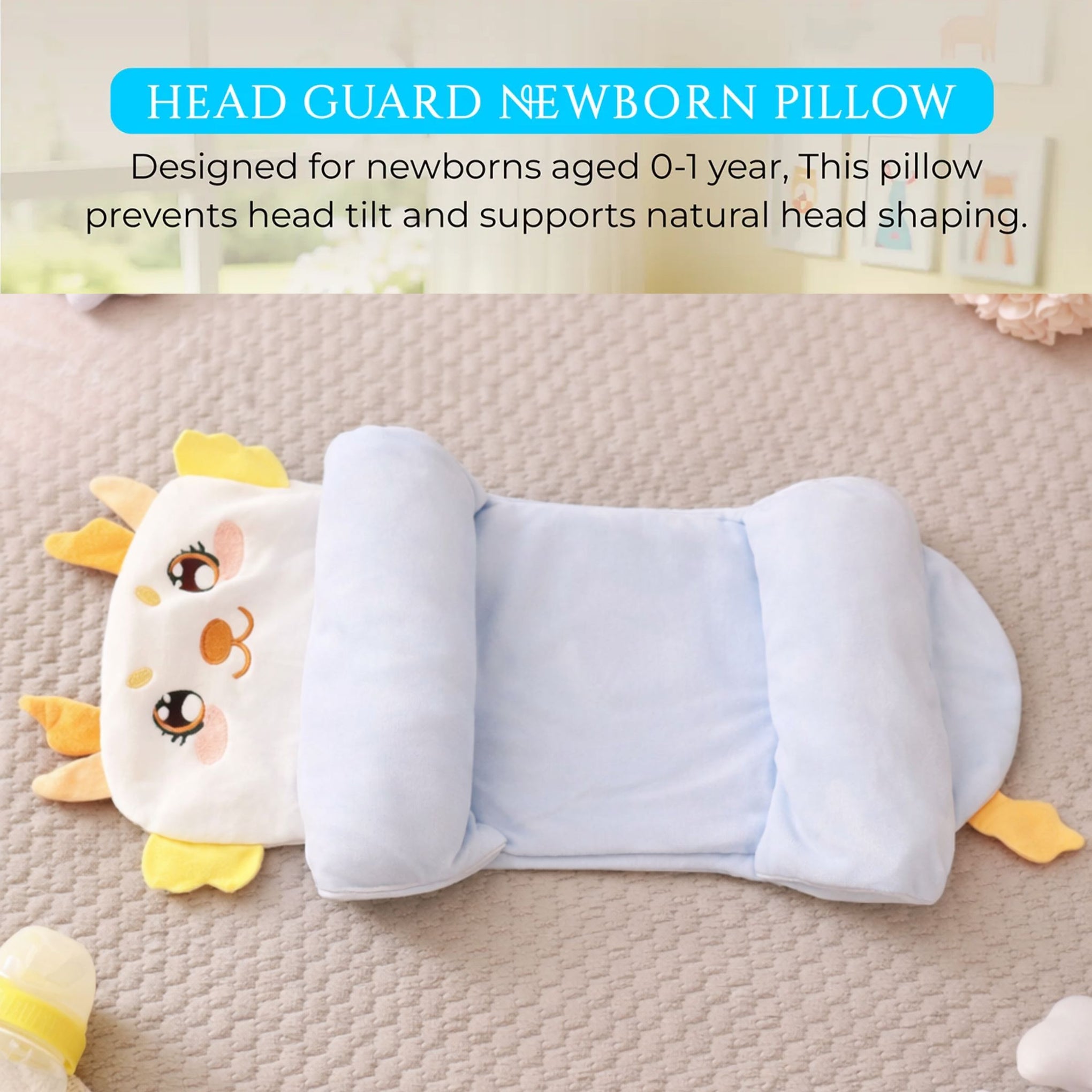 Smile Baby Head Guard Newborn Pillow – Anti-Roll Support Pillow with Panda Design (0–12 Months, Light Blue)