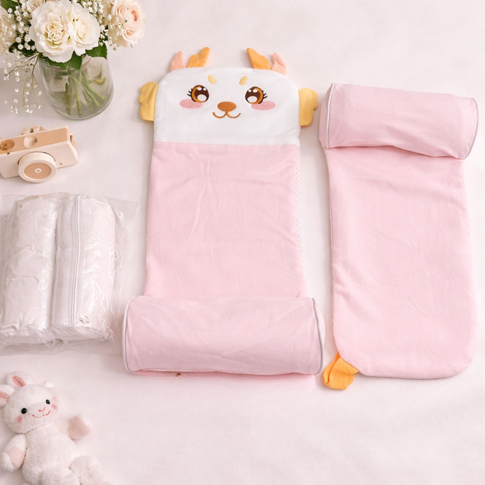 Adjustable Baby Head Shaping Pillow with Breathable Cotton & Millet Filling – Soft, Washable Newborn Support Pillow