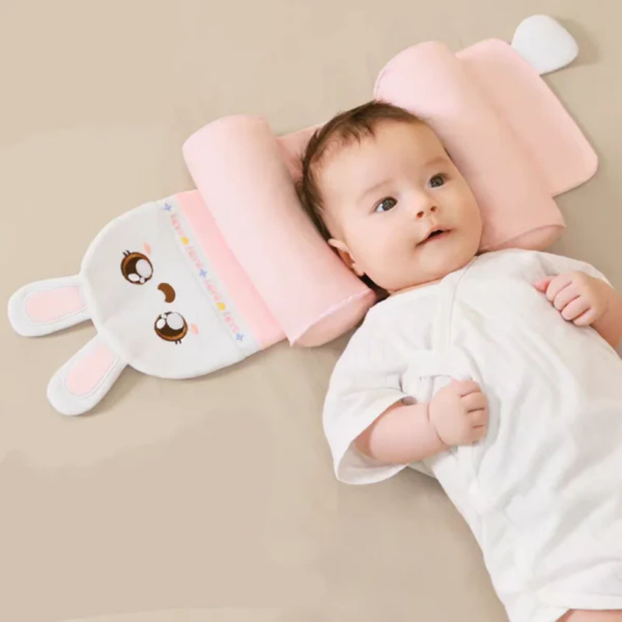 SMILE BABY Adjustable Baby Head Shaping Pillow with Natural Millet Filling | Soft Bunny Design Infant Support Pillow | Breathable Cotton, Washable & Skin-Friendly (Pink)