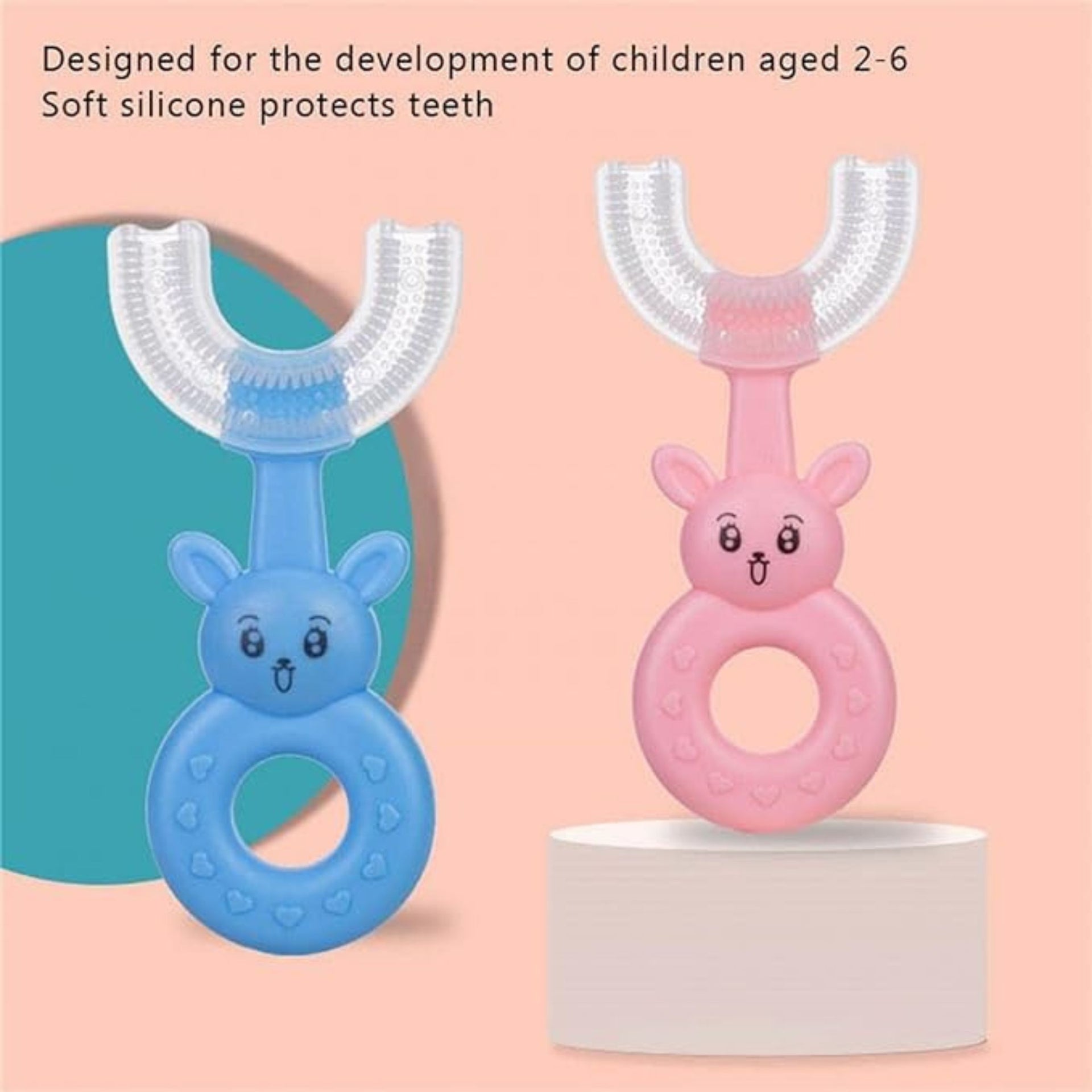 Smile Baby U-Shaped Toothbrush Kids 1 Pcs - Toddler Toothbrush With Food Grade Soft Silicone Brush Head, Manual Whole Mouth Toothbrush For Kids Age 2-6, 360 Oral (Rabbit, Pink)