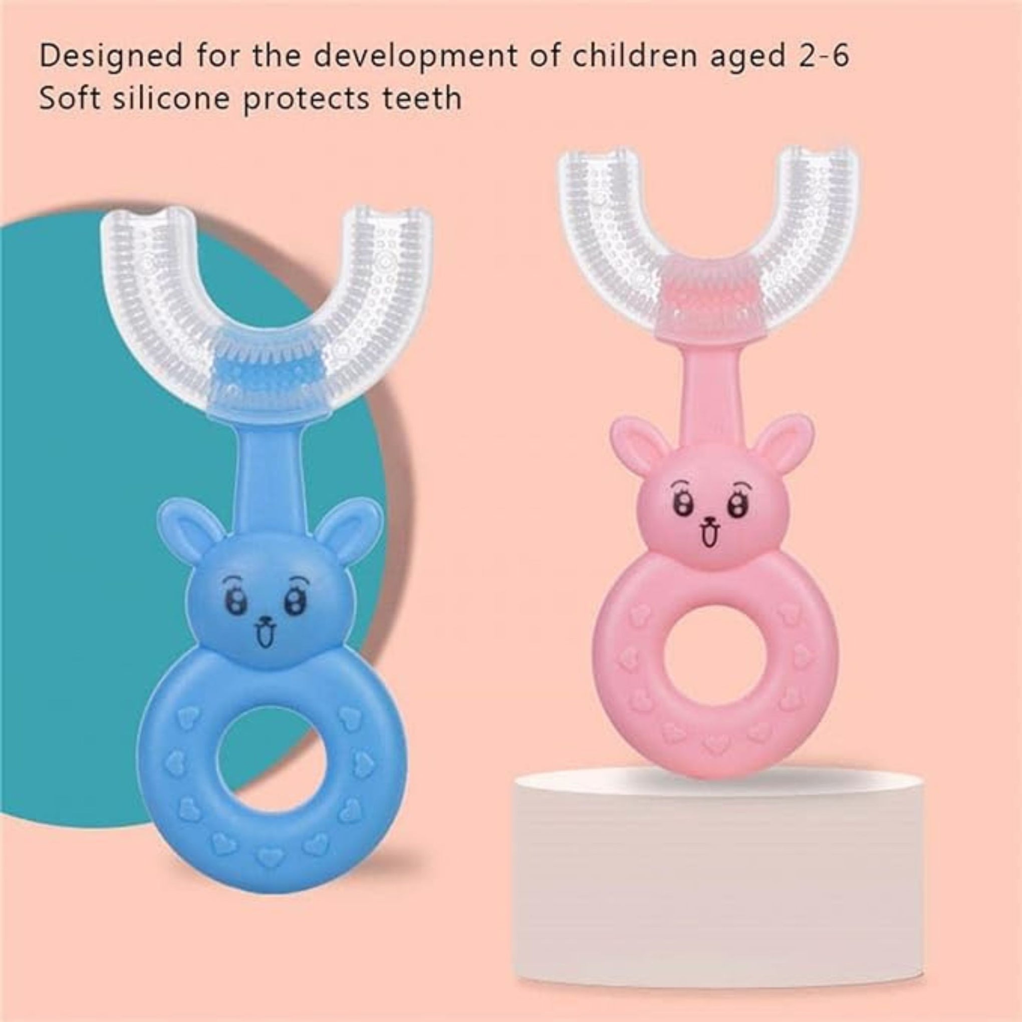 Smile Baby U-Shaped Toothbrush Kids 1 Pcs - Toddler Toothbrush With Food Grade Soft Silicone Brush Head, Manual Whole Mouth Toothbrush For Kids Age 2-6, 360 Oral (Rabbit, Pink)