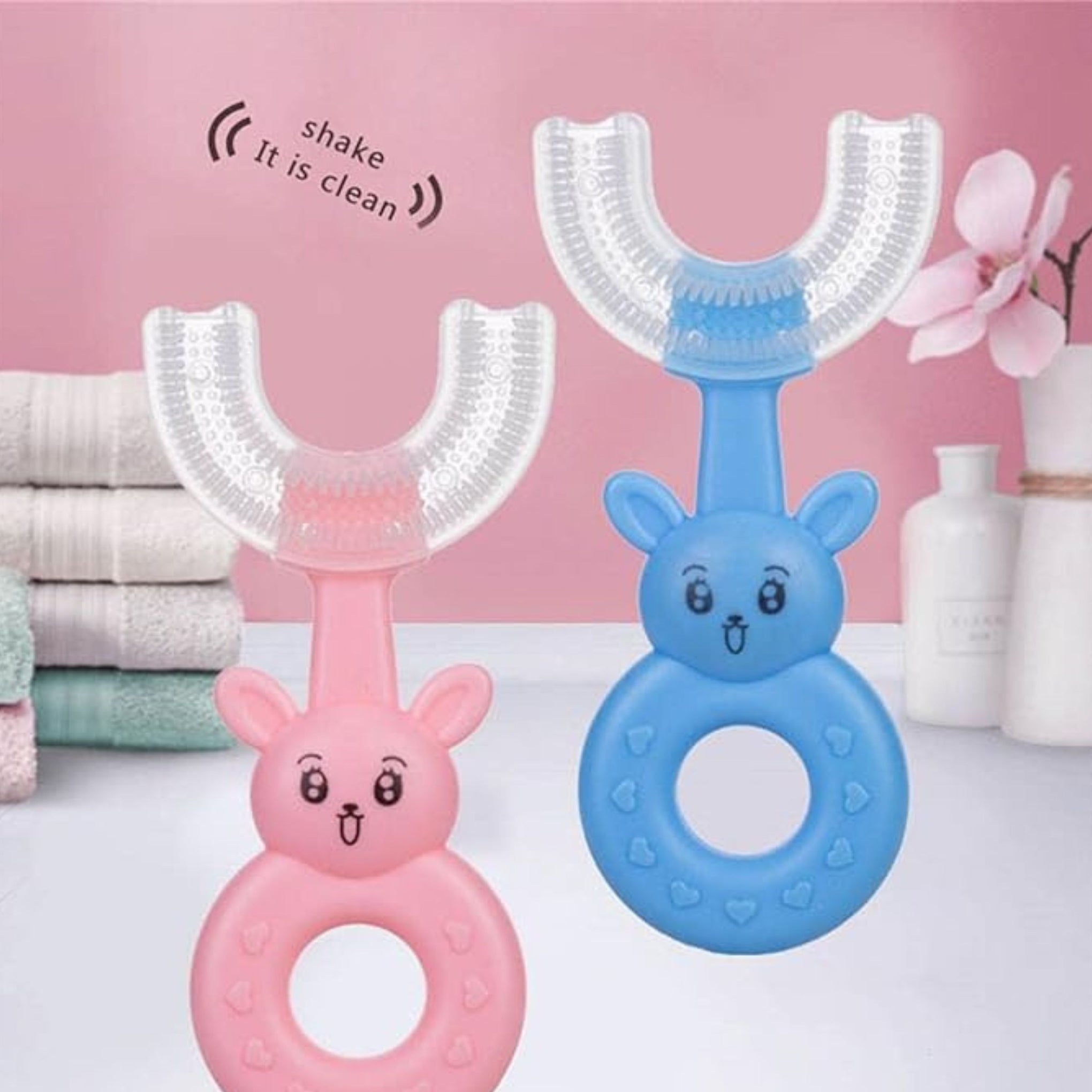 Smile Baby U-Shaped Toothbrush Kids 1 Pcs - Toddler Toothbrush With Food Grade Soft Silicone Brush Head, Manual Whole Mouth Toothbrush For Kids Age 2-6, 360 Oral (Rabbit, Pink)