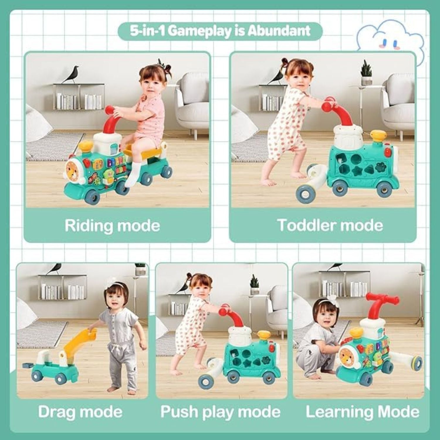 SMILE BABY 5-in-1 Baby Walker & Ride-On Activity Train – Push, Ride, Drag & Learning Toy for Toddlers | Musical & Educational Play Walker , Available in 2 colors