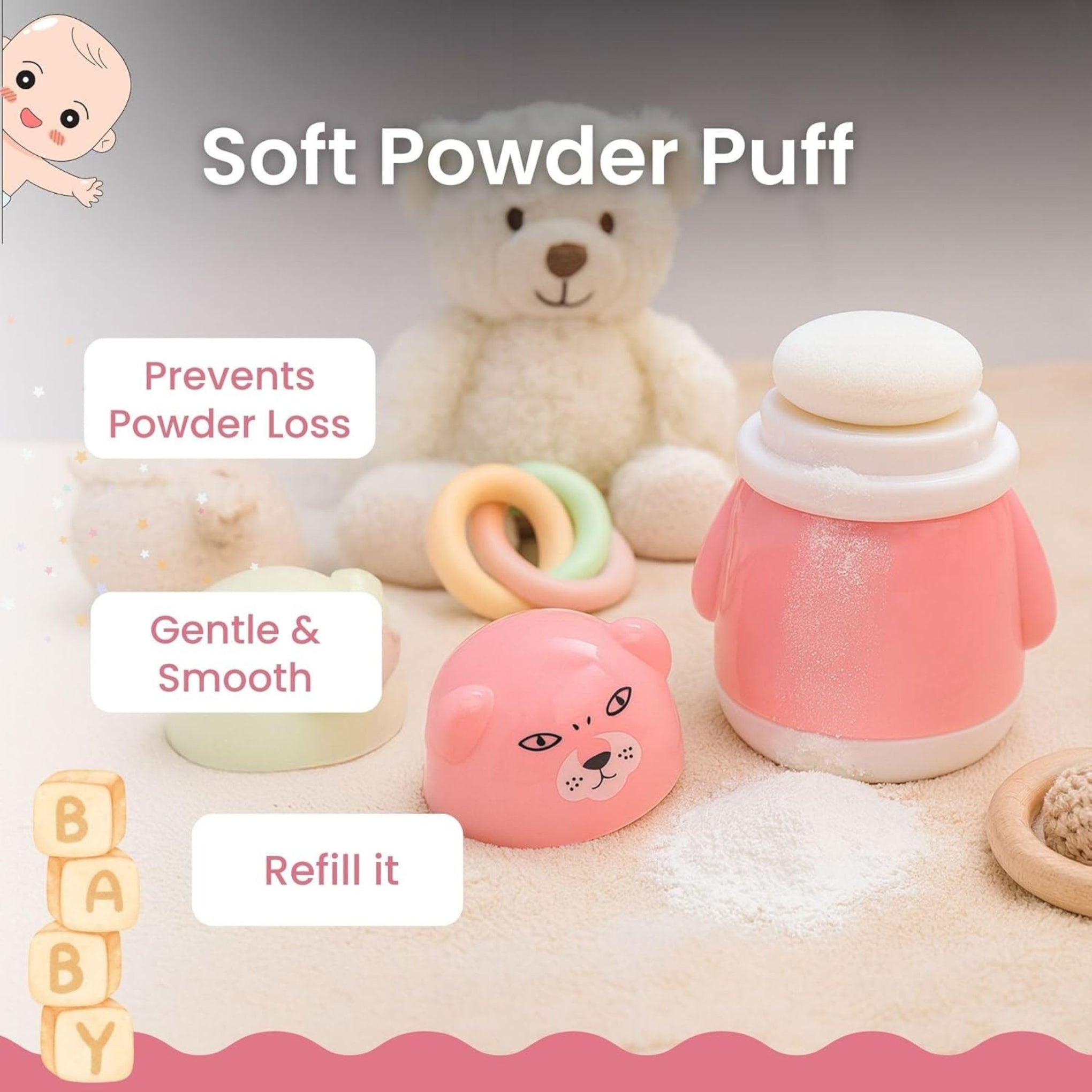 Smile Baby Bear-Shaped Powder Puff Container | Cute & Hygienic Baby Powder Case