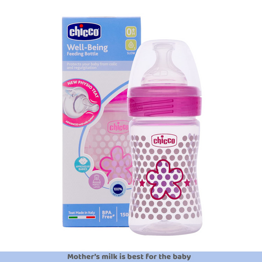 Chicco Well-Being Baby Feeding Bottle, | Advanced Anti-Colic Nipple | Soft Silicon Teat | Wide Neck, Anti-Drip Bottle |BPA Free (Pink)