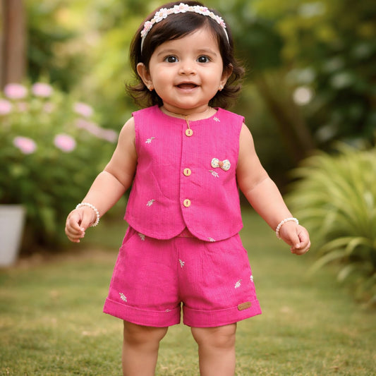 ORRIGANY Baby Girls Fuchsia Cotton Top & Shorts Set | Stylish Summer Outfit | Age 9 Months – 3 Years