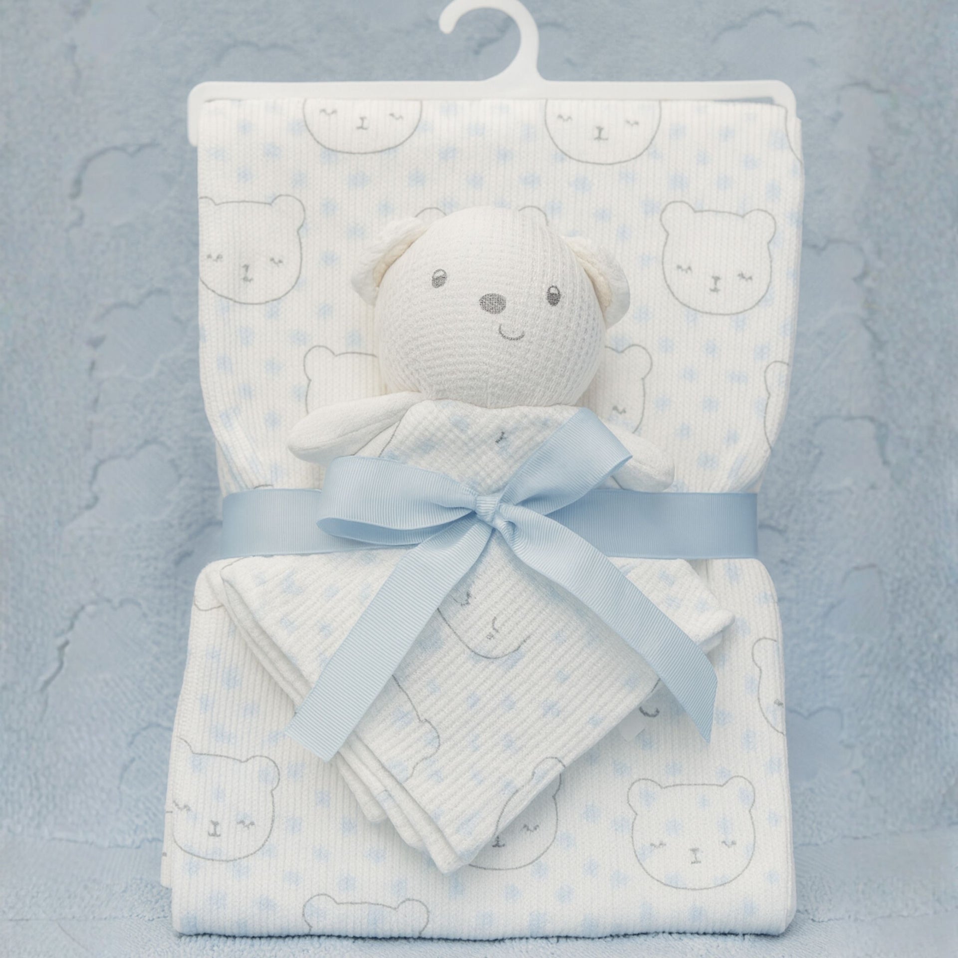 SUNNOZY Baby Blanket with Snuggly Teddy Bear Toy – Ultra Soft Ribbed Fabric | Cute Bear Print | Newborn Gift Set (Size: 75×100 cm)
