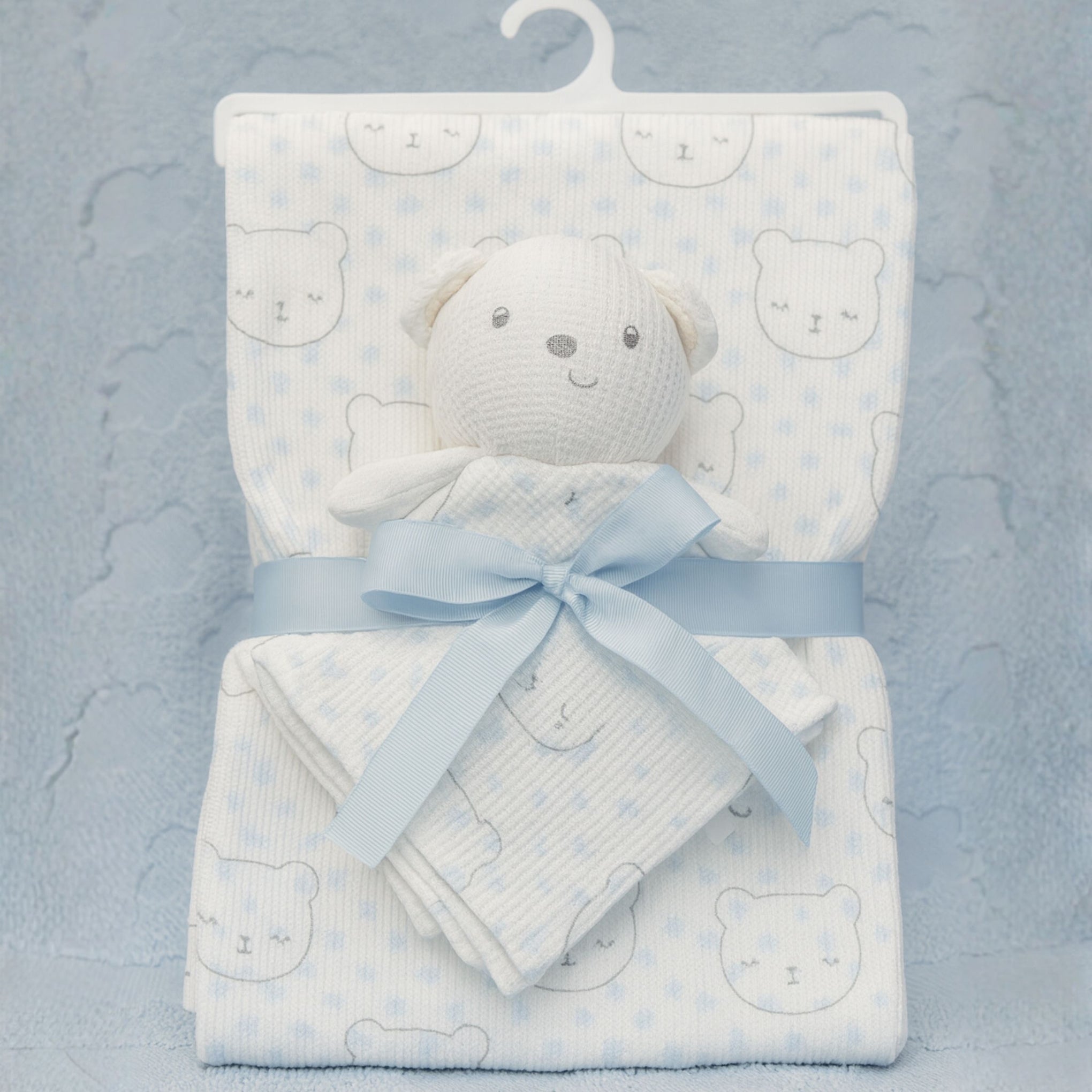 SUNNOZY Baby Blanket with Snuggly Teddy Bear Toy – Ultra Soft Ribbed Fabric | Cute Bear Print | Newborn Gift Set (Size: 75×100 cm)