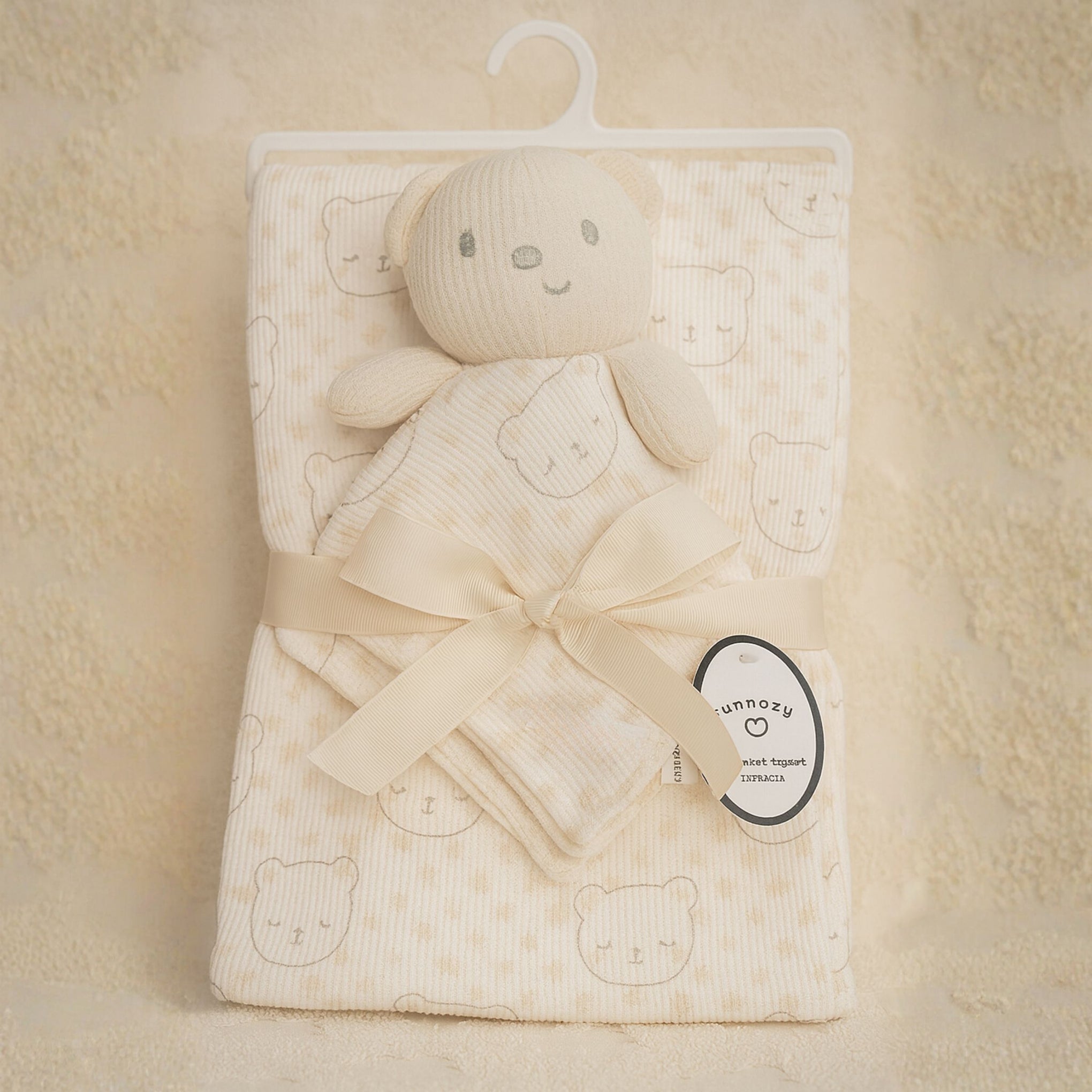 SUNNOZY Baby Blanket with Snuggly Teddy Bear Toy – Ultra Soft Ribbed Fabric | Cute Bear Print | Newborn Gift Set (Size: 75×100 cm)