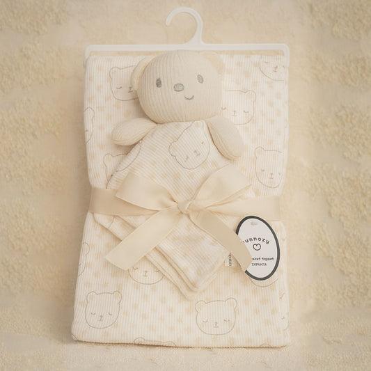 SUNNOZY Baby Blanket with Snuggly Teddy Bear Toy – Ultra Soft Ribbed Fabric | Cute Bear Print | Newborn Gift Set (Size: 75×100 cm)