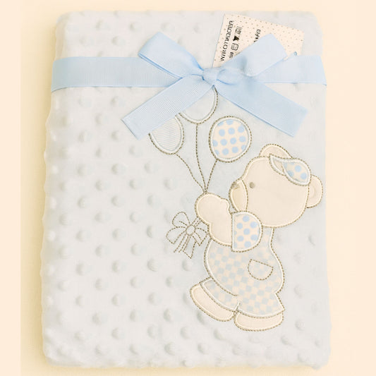 SUNNOZY Ultra Soft Baby Blanket with Teddy Embroidery and Ribbon – Blue Minky Dotted Blanket for Newborns (Size: 75x100 cm)