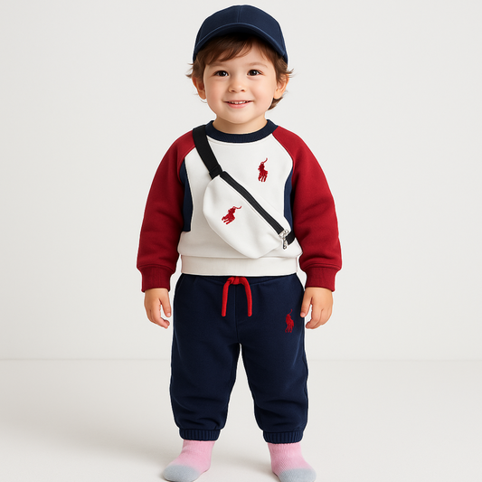 Smile Baby™ Boys’ Sporty Tracksuit Set with Pouch – Navy / Maroon  | Age 6m to 4 Years
