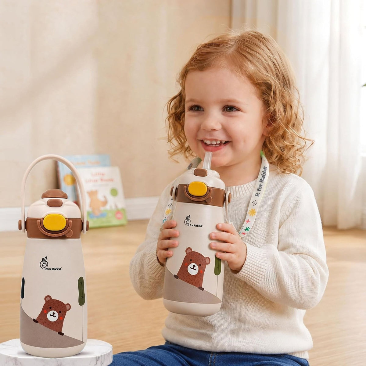 Child using R For Rabbit 500ml cream kids water bottle