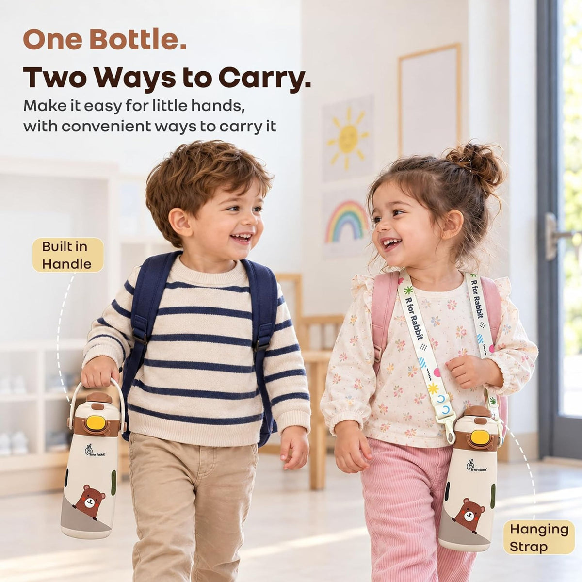 R For Rabbit 500ml kids bottle with built-in handle and hanging strap