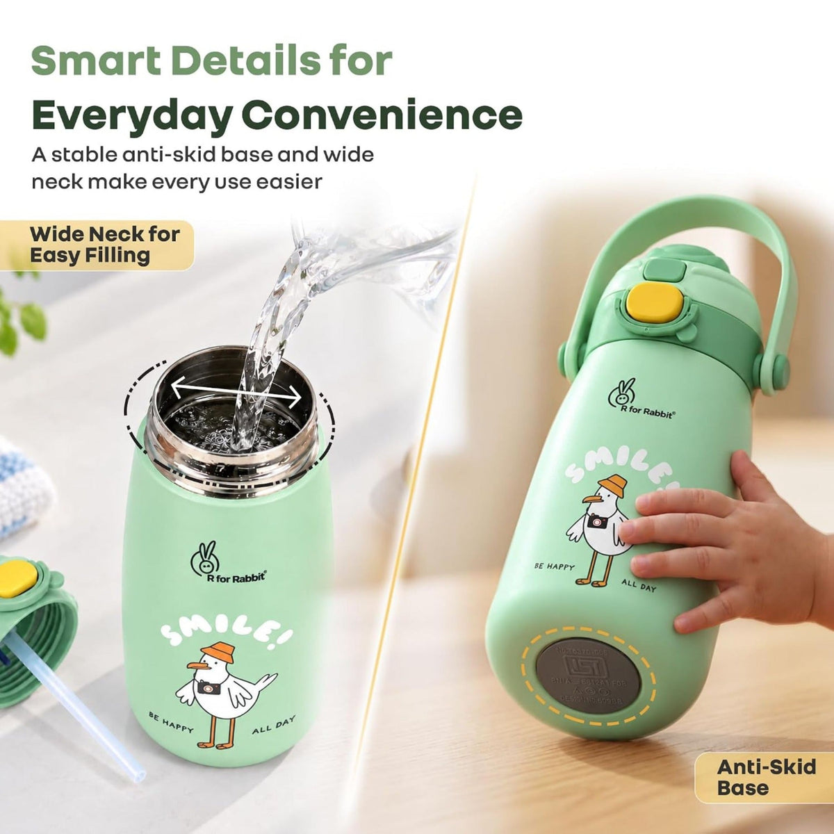 R for Rabbit Smile 500 ml Kids Water Bottle – Green - SMILE BABY