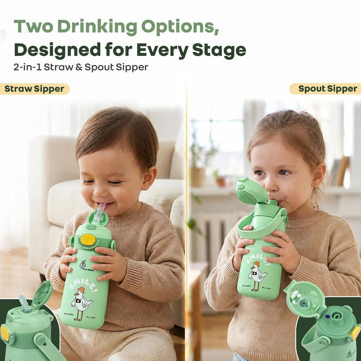 R for Rabbit Smile Green 2-in-1 straw and spout sipper