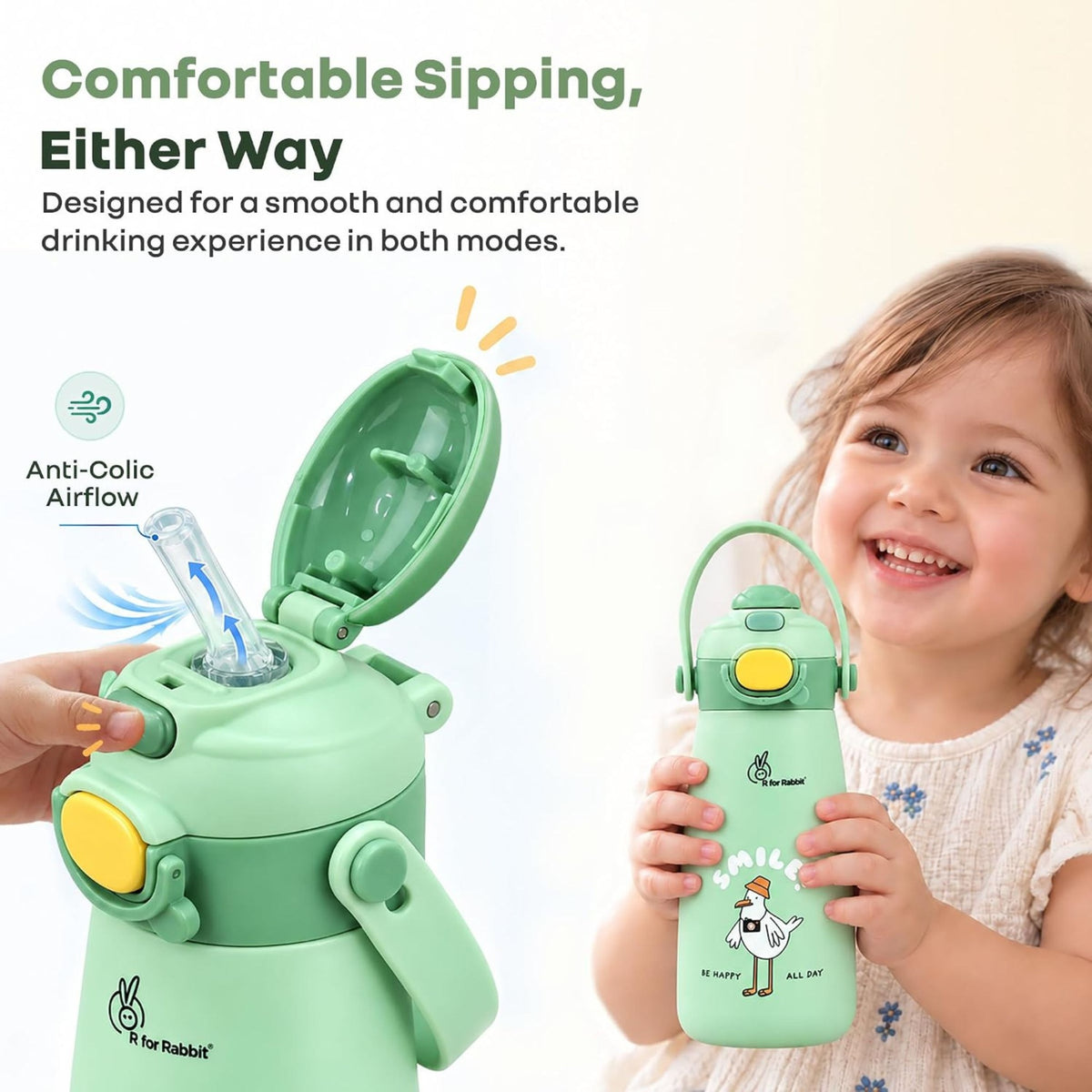 R for Rabbit Smile Green bottle anti-colic airflow straw
