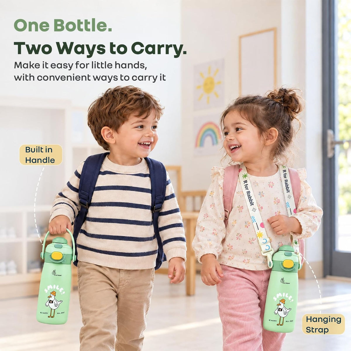 R for Rabbit Smile Green bottle built-in handle and hanging strap