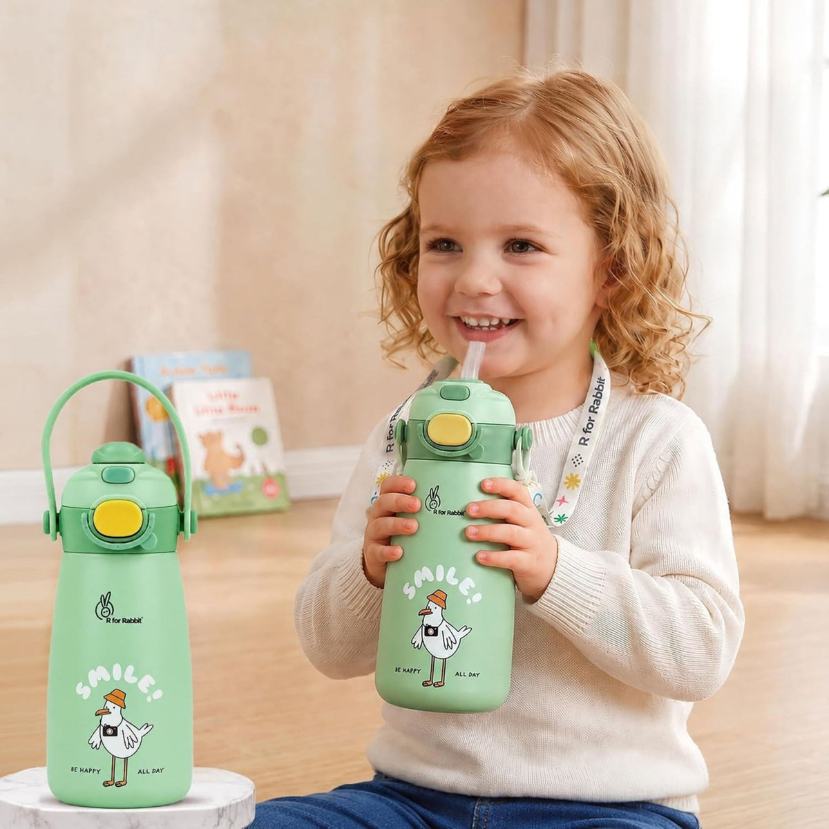 R for Rabbit Smile Green kids water bottle lifestyle