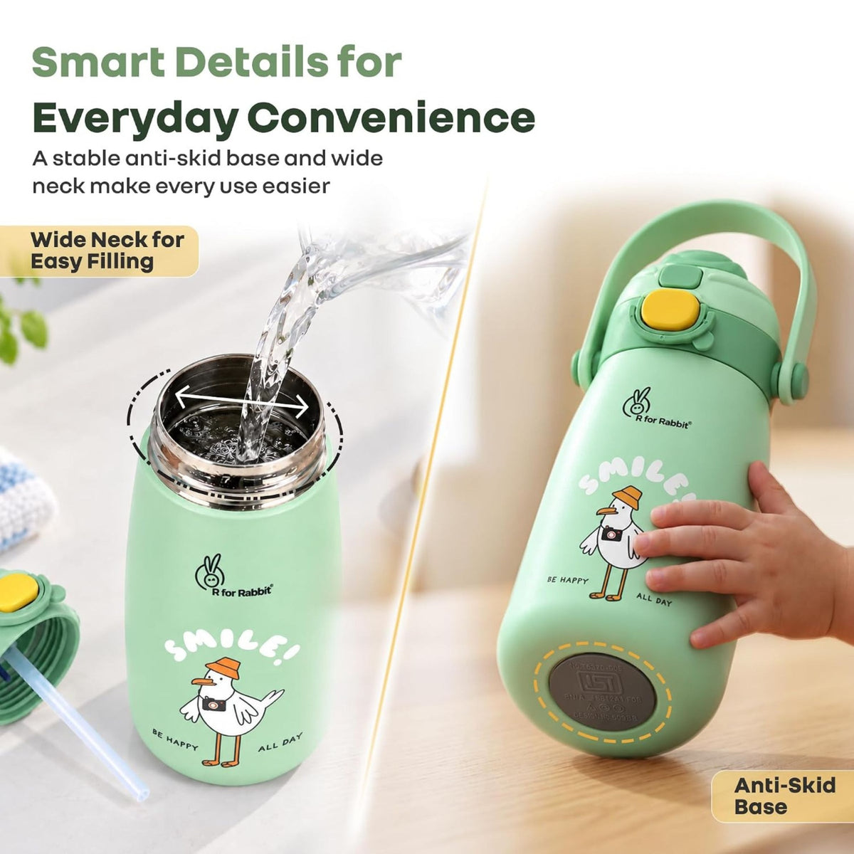 R for Rabbit Smile Green bottle wide neck and anti-skid base