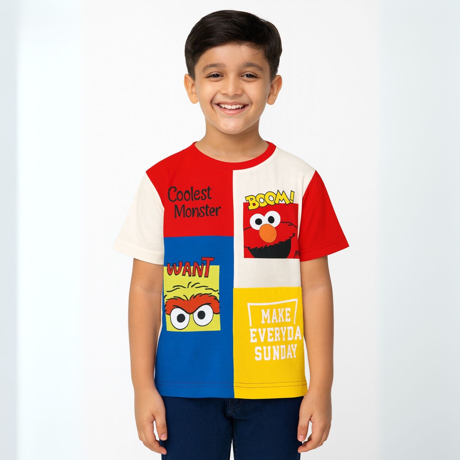 COOLEST Monster Cartoon Printed T-Shirt for Boys | Age 12 Months – 12 Years | Available Colors: Yellow, R.Blue, N.Green