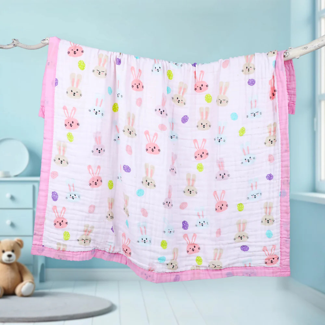 Smile Baby Soft Colorful Rabbit Print Muslin 6 Layer Blanket for Baby | 100% Muslin Cotton | Size 100x100cms