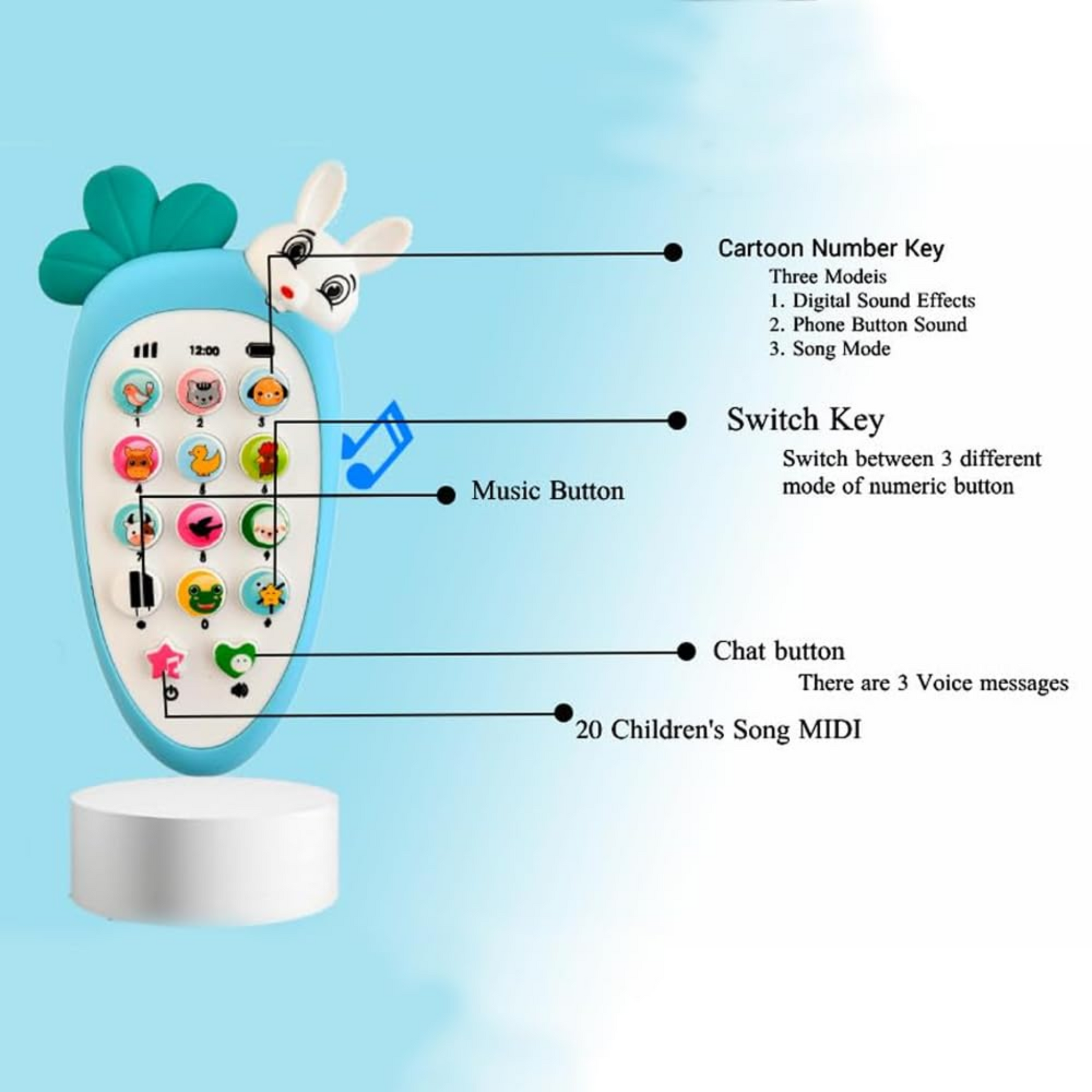 Smile Baby Cute Carrot Shaped Pretend Play Musical Cell Phone Toy for Kids Toddlers with Music, Ringtones, Lights - Birthday Party Favors and Gifts for Girls (Battery Not Included) (Blue)