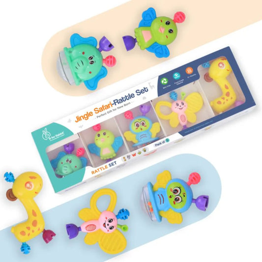 R for Rabbit Jingle Safari | Kids Rattles Toys Set for New Born Baby Lightweight | 5 Pcs Combo Toy Set