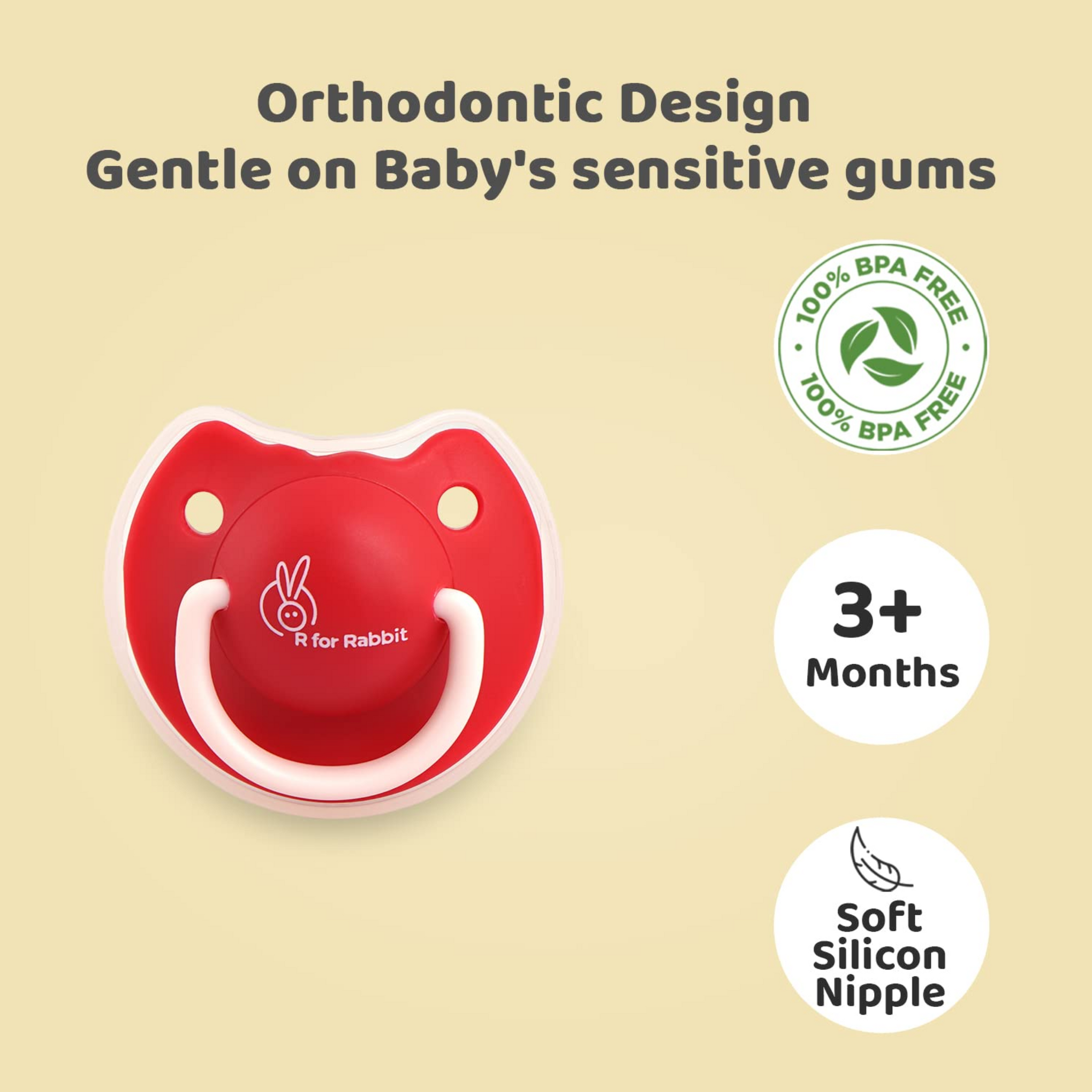 R for Rabbit Baby Tusky Pacifier Ultra Light Soft Silicone Nipple, Orthodontic Design, BPA-Free for Kids of 6 Months +|Large|Red
