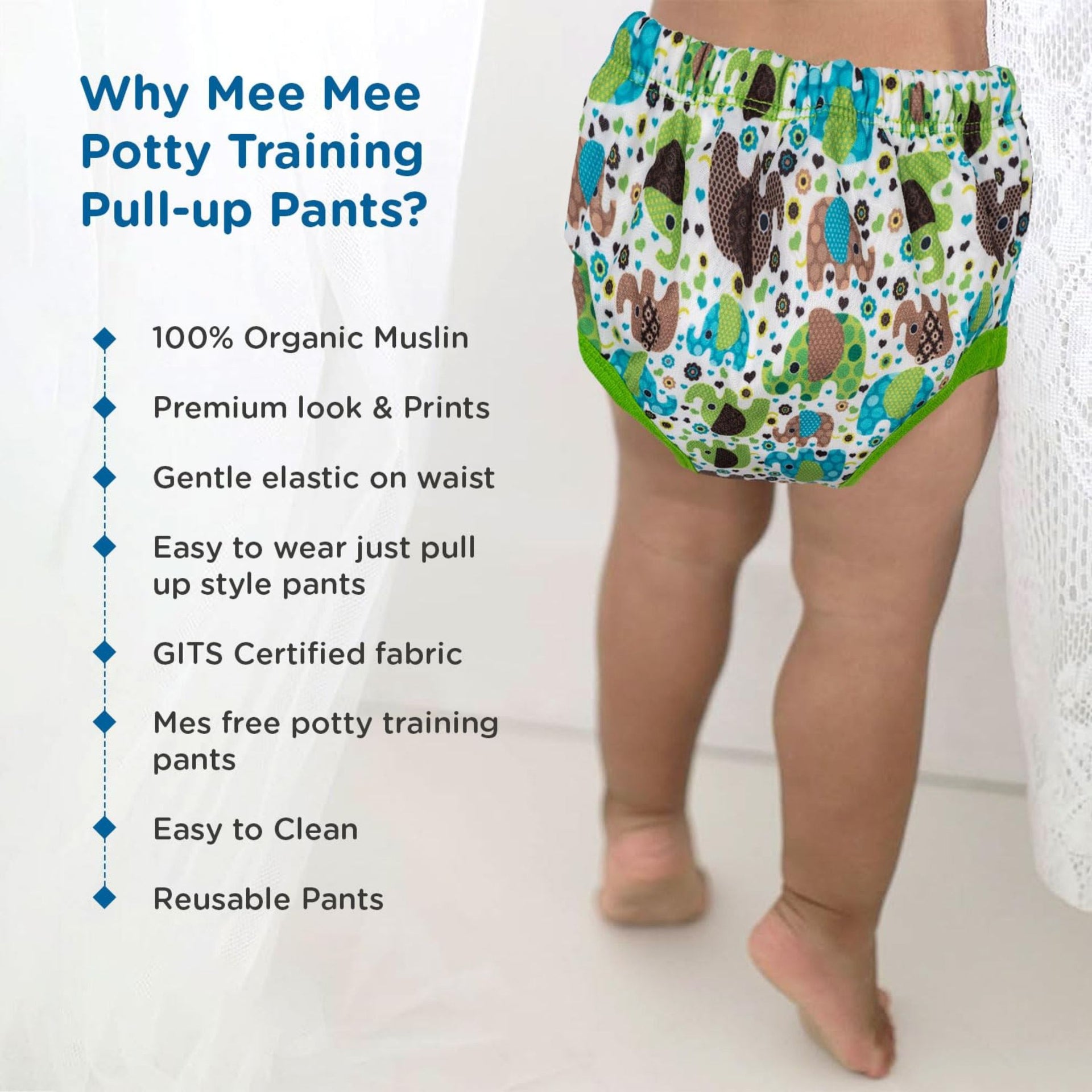 Mee Mee Potty Diaper Panty Training pull - up Pants For Growing Baby/Toddlers | With 3 Layer Protection of Cotton Padding & Super Dry Feel Outer Layer | green color elephant printed Diaper Panty