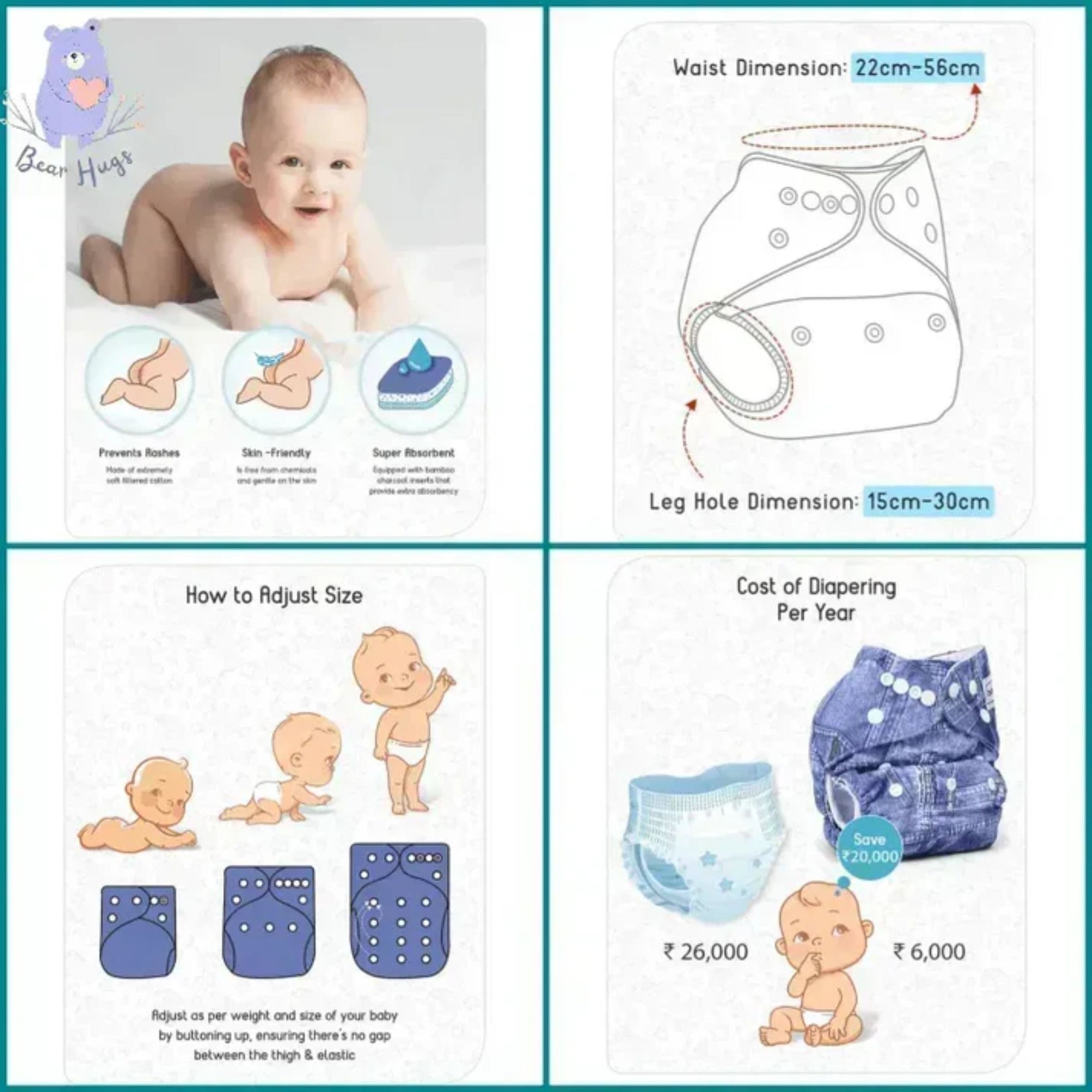 Smile Baby Cotton Cloth Diapers For Babies | Baby Products | Reusable Diaper For New Born | Washable Diapers | Leak Proof, Adjustable | 1 Diaper & 1 Booster Insert-Blue Denim Jeans