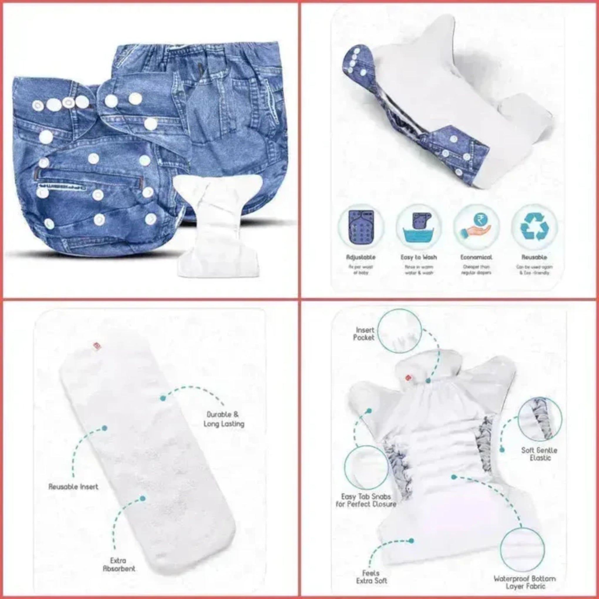 Smile Baby Cotton Cloth Diapers For Babies | Baby Products | Reusable Diaper For New Born | Washable Diapers | Leak Proof, Adjustable | 1 Diaper & 1 Booster Insert-Blue Denim Jeans