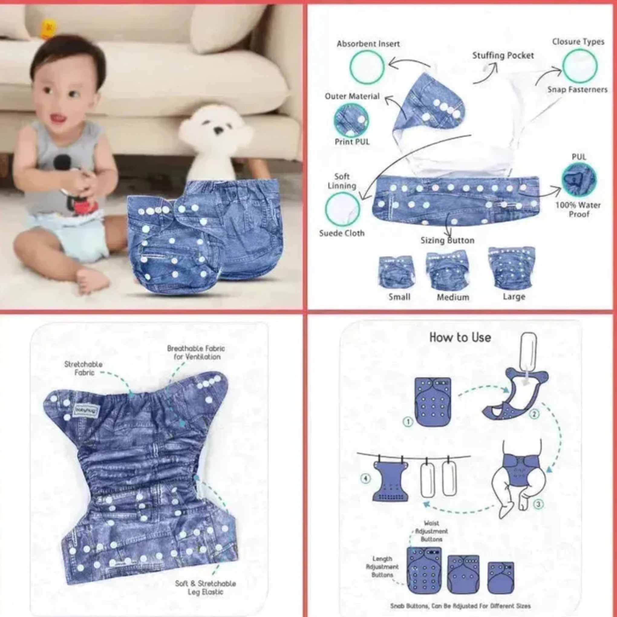 Smile Baby Cotton Cloth Diapers For Babies | Baby Products | Reusable Diaper For New Born | Washable Diapers | Leak Proof, Adjustable | 1 Diaper & 1 Booster Insert-Blue Denim Jeans