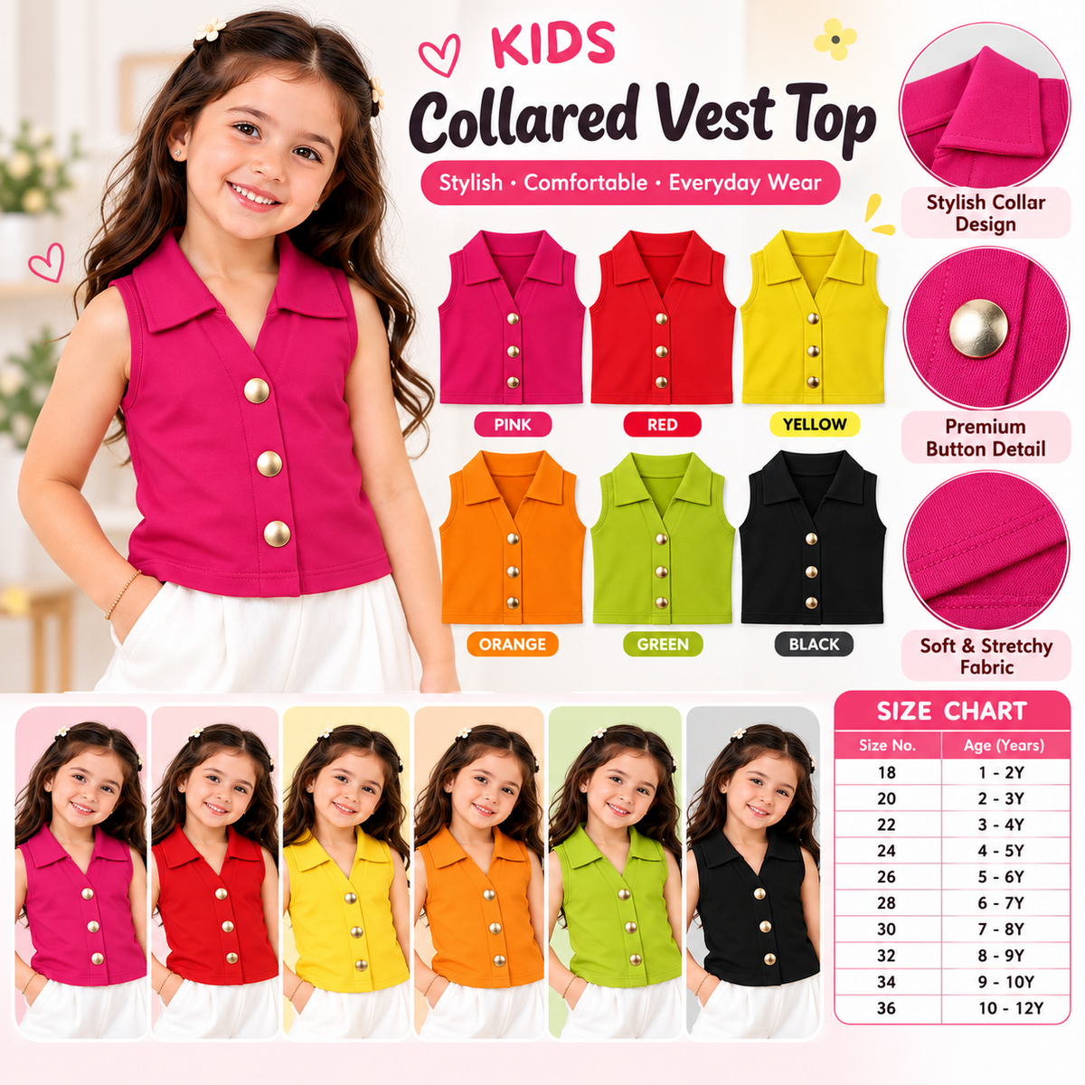 REVERSE X-TREME Girls Collared Sleeveless Vest Top 6 Colors Size Chart