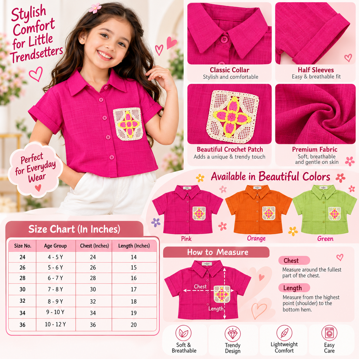 REVERSE X-TREME girls cropped shirt A+ infographic and size chart