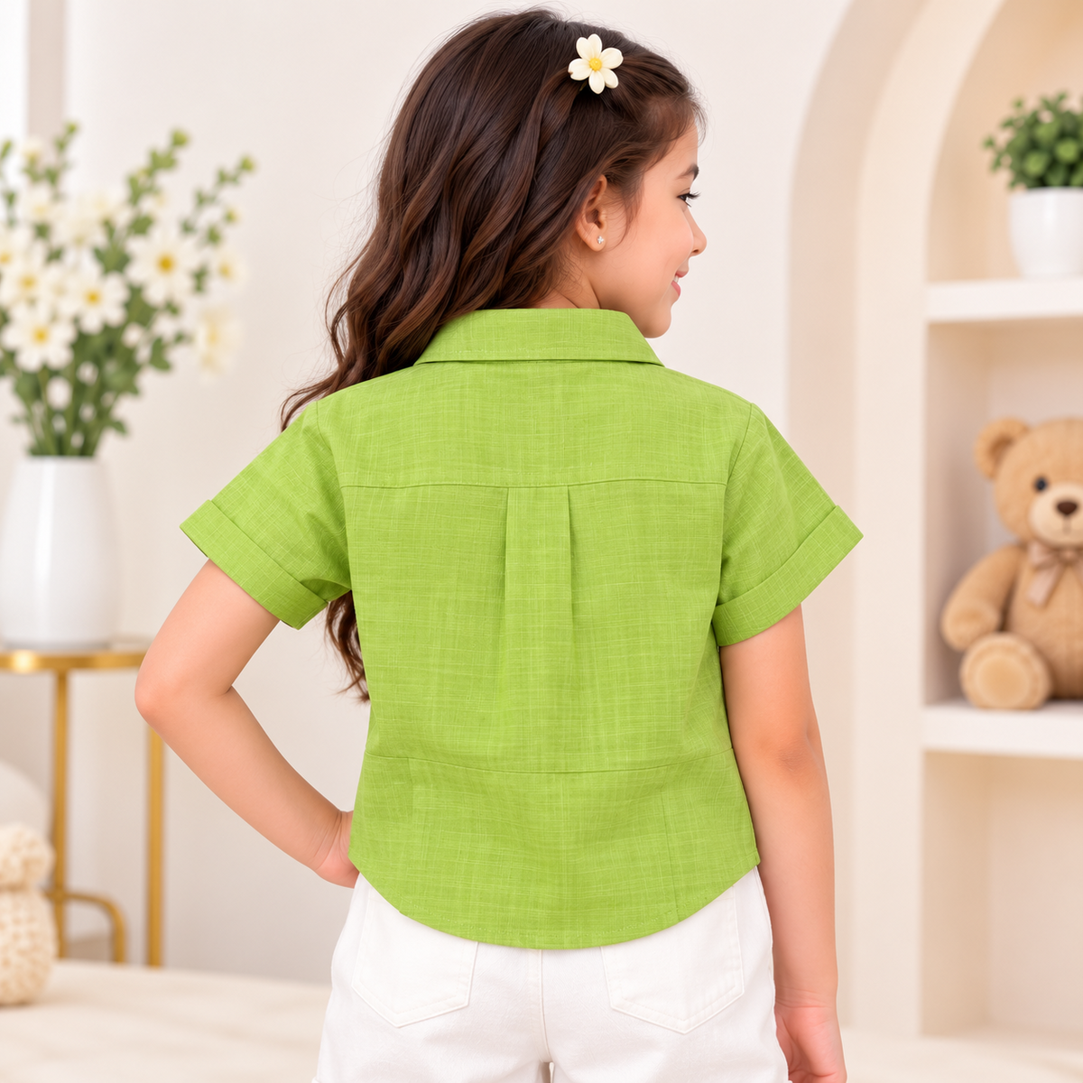 REVERSE X-TREME girls cropped collared shirt green back view