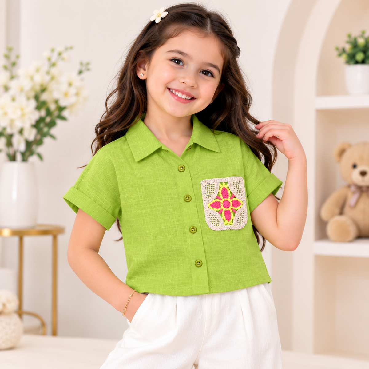 REVERSE X-TREME girls cropped collared shirt green photoshoot