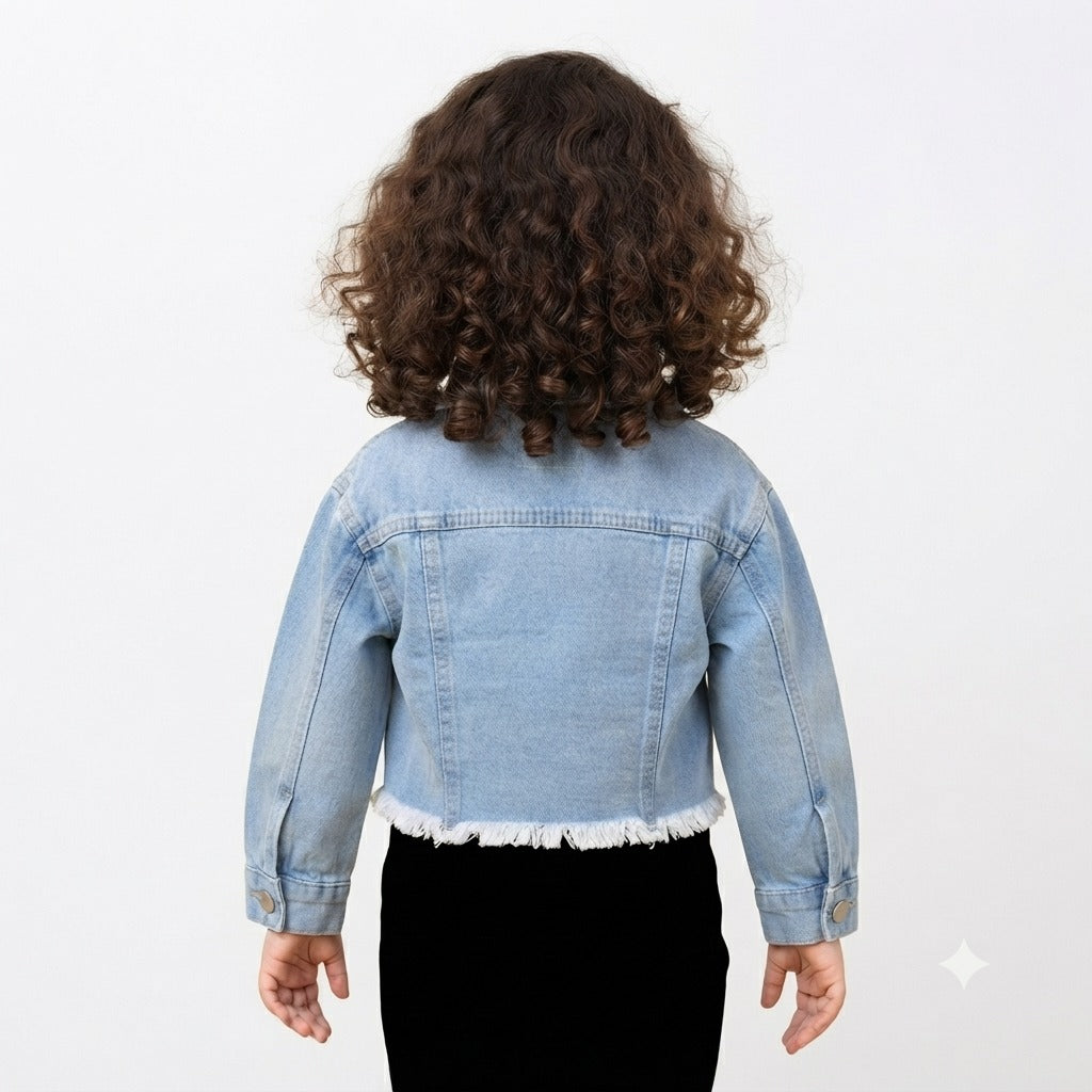 Reverse X-Treme girls light blue denim jacket back view with frayed hem
